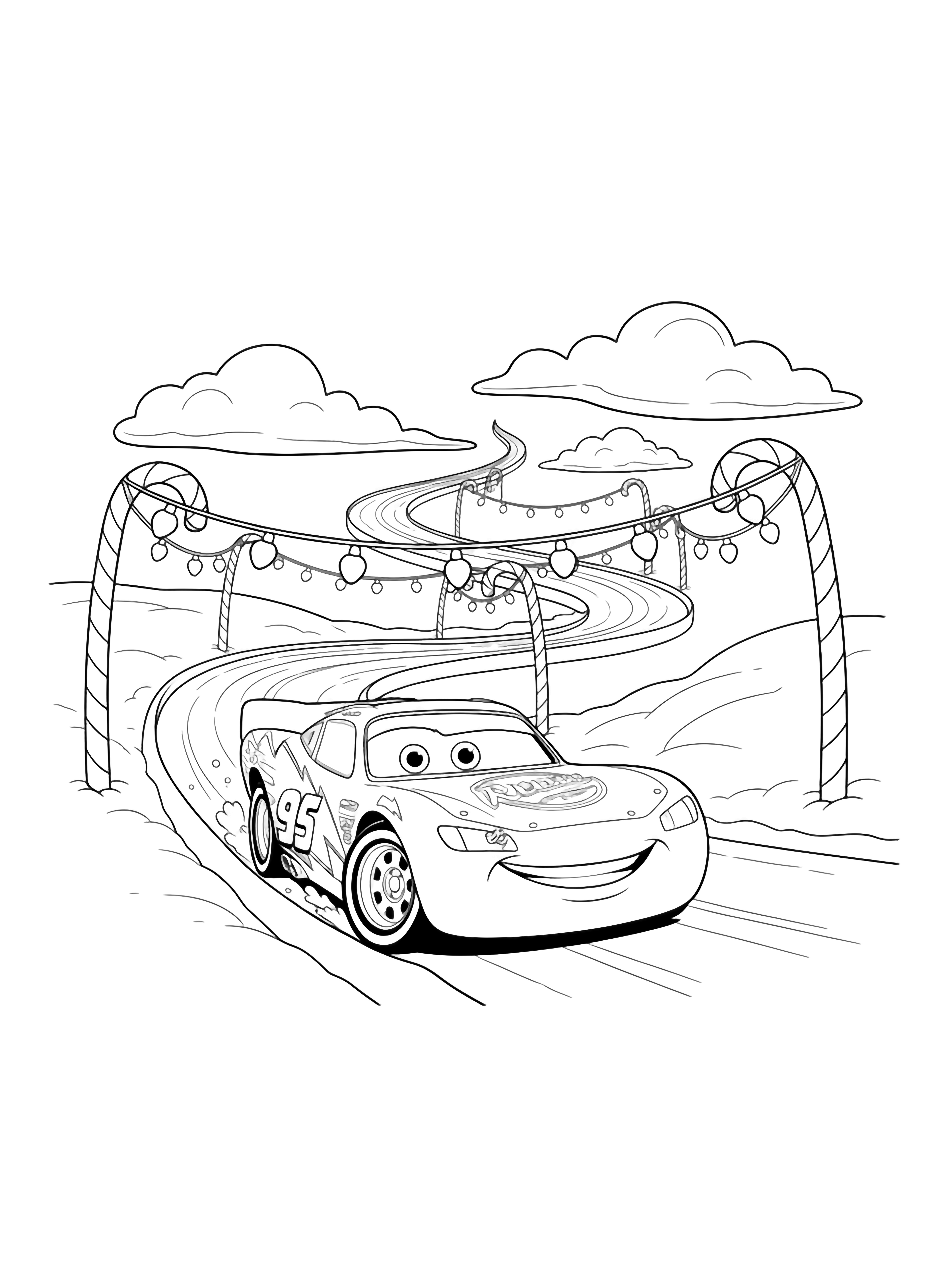 illustration on a Lightning McQueen smiling races along a looping snowy track with hanging light strings candy cane poles and drifting clouds all in bold black outlines on white clean black kleurplaat
