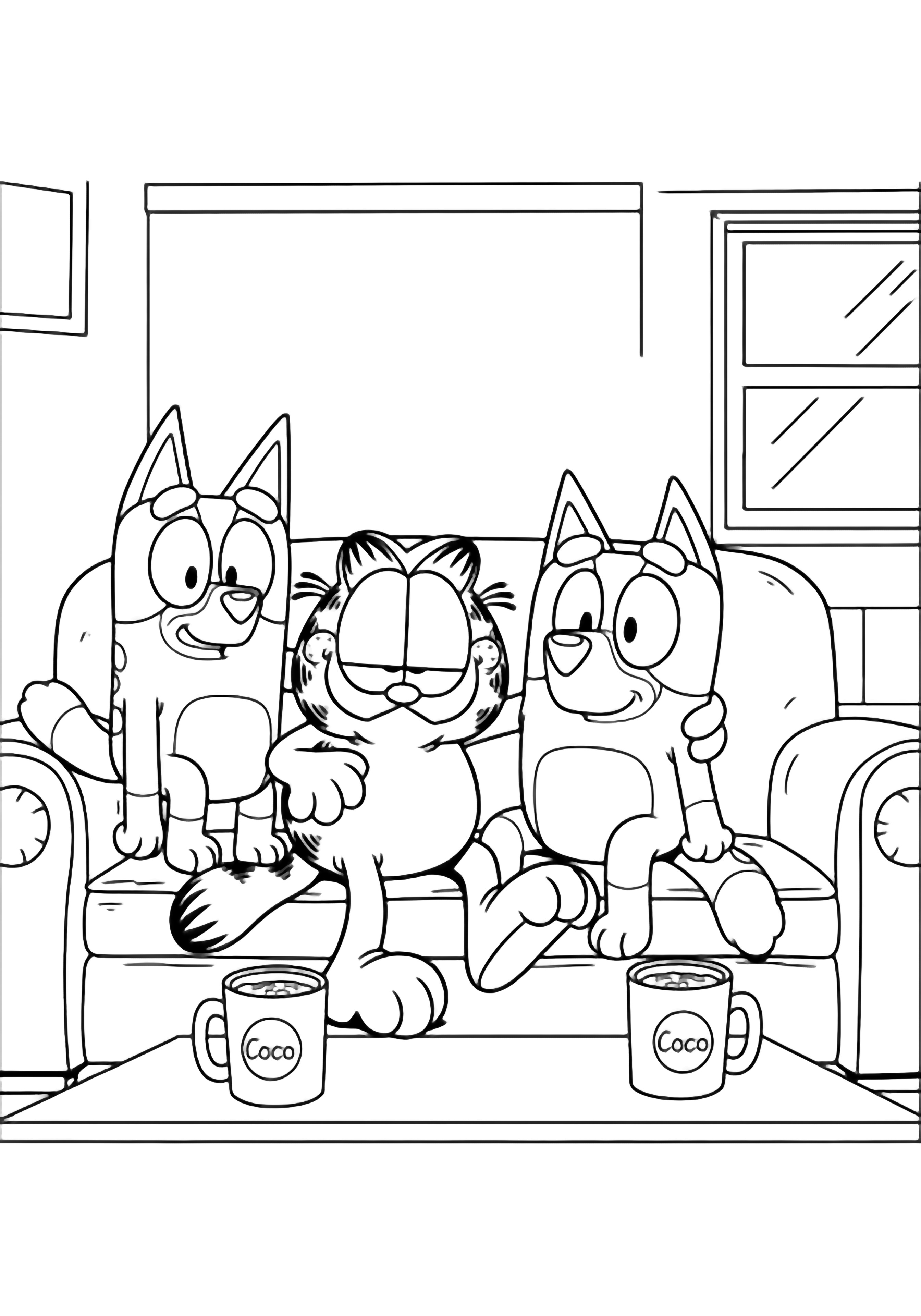 Garfield ligt uitgestrekt op de Heeler-bank tussen Bandit en Bluey, allemaal grijzend; bekers met cacao staan op de salontafel, de muur van de lounge en het raam erachter. kleurplaat