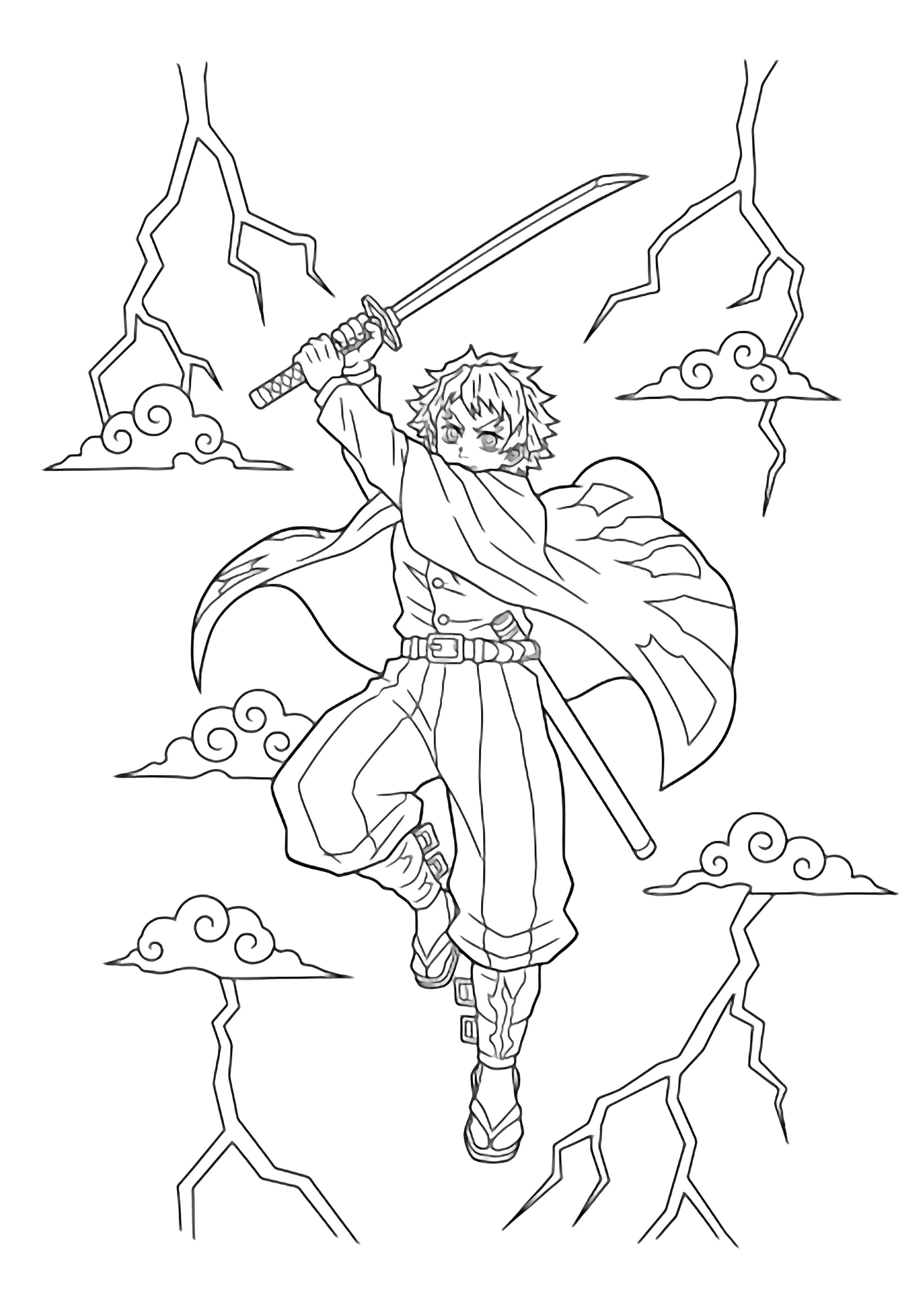 Zenitsu leaps through the air, sword raised high, hair and cloak streaming behind him, framed by simple clouds and jagged lightning. kleurplaat