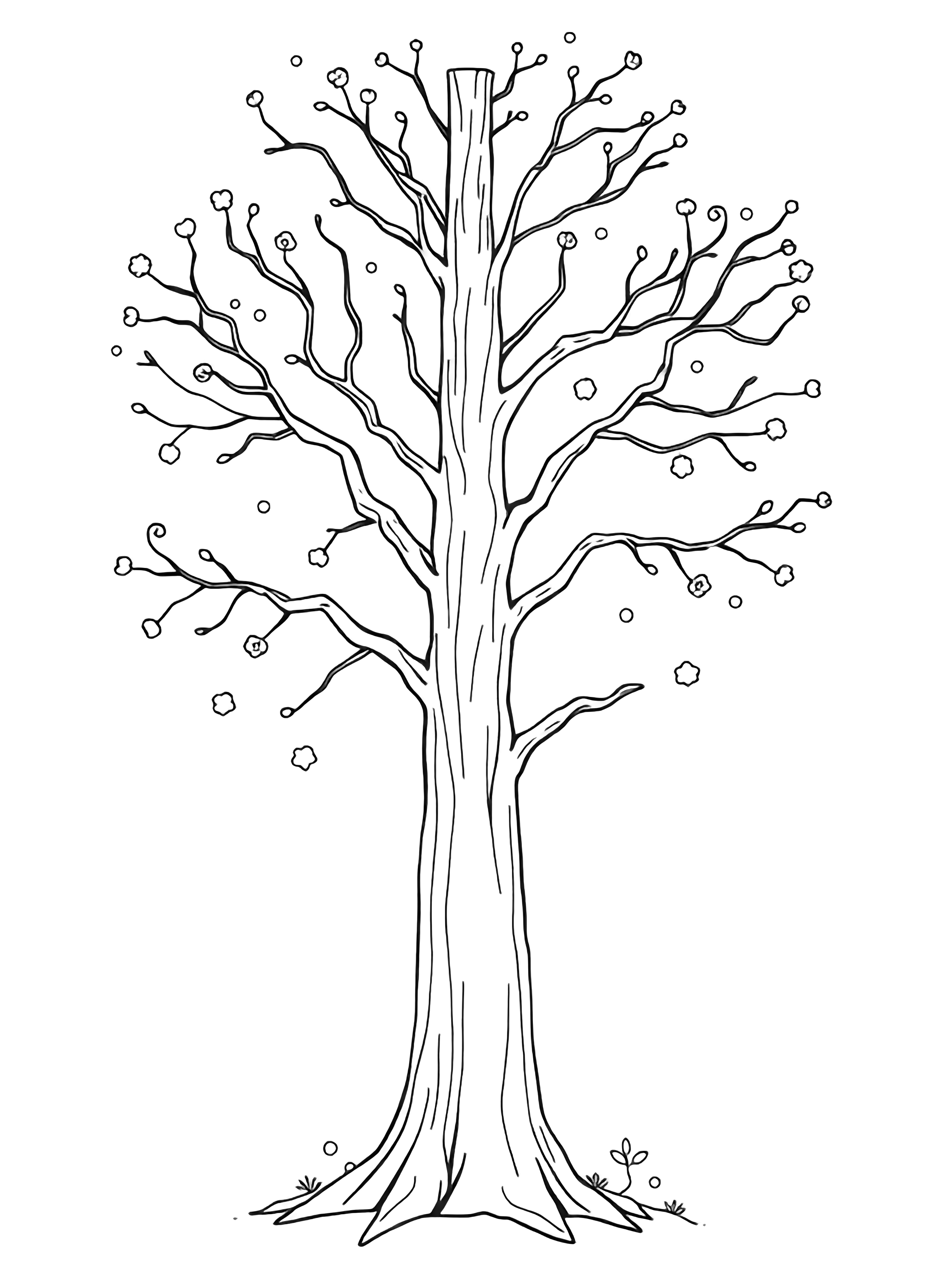 Four tall tree quadrants grow from one trunk, each filled with bare twisted branches, scattered blossoms, delicate leaves, and drifting snowflakes. kleurplaat