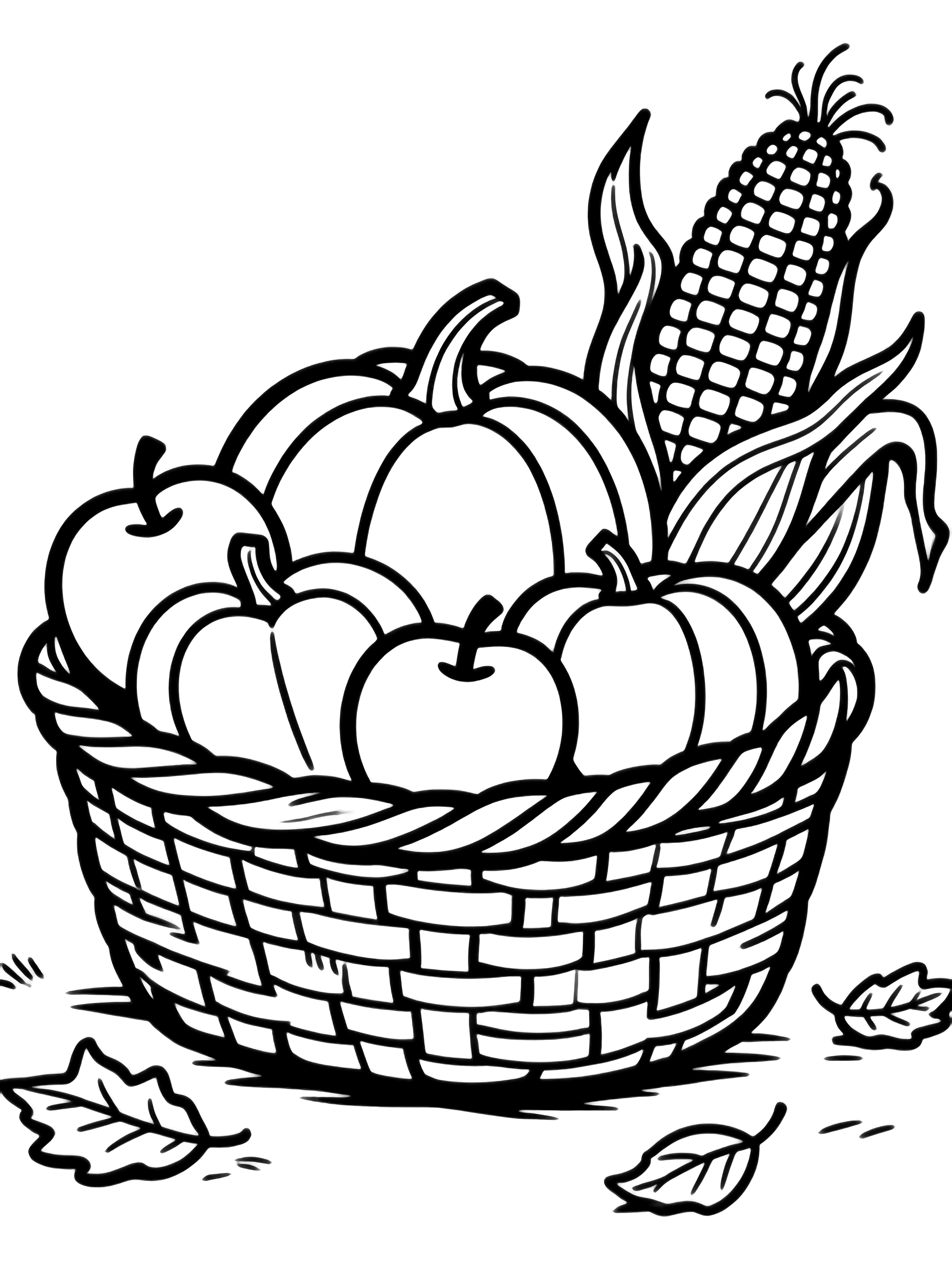 A wicker basket brims with pumpkins, apples, and corn; a few fallen leaves rest nearby. kleurplaat