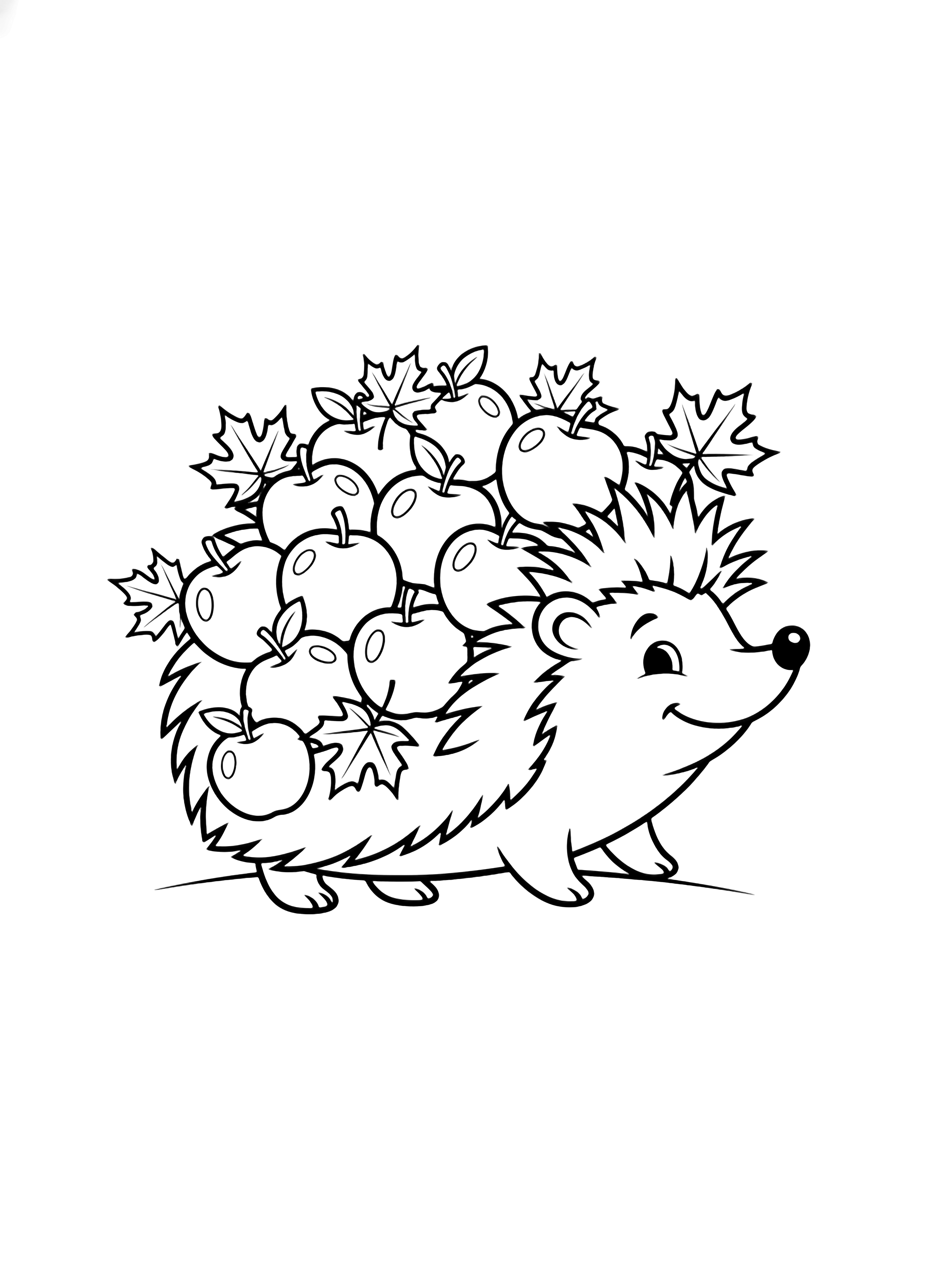 A cheerful hedgehog strolling with apples and maple leaves balanced on its bristles. kleurplaat