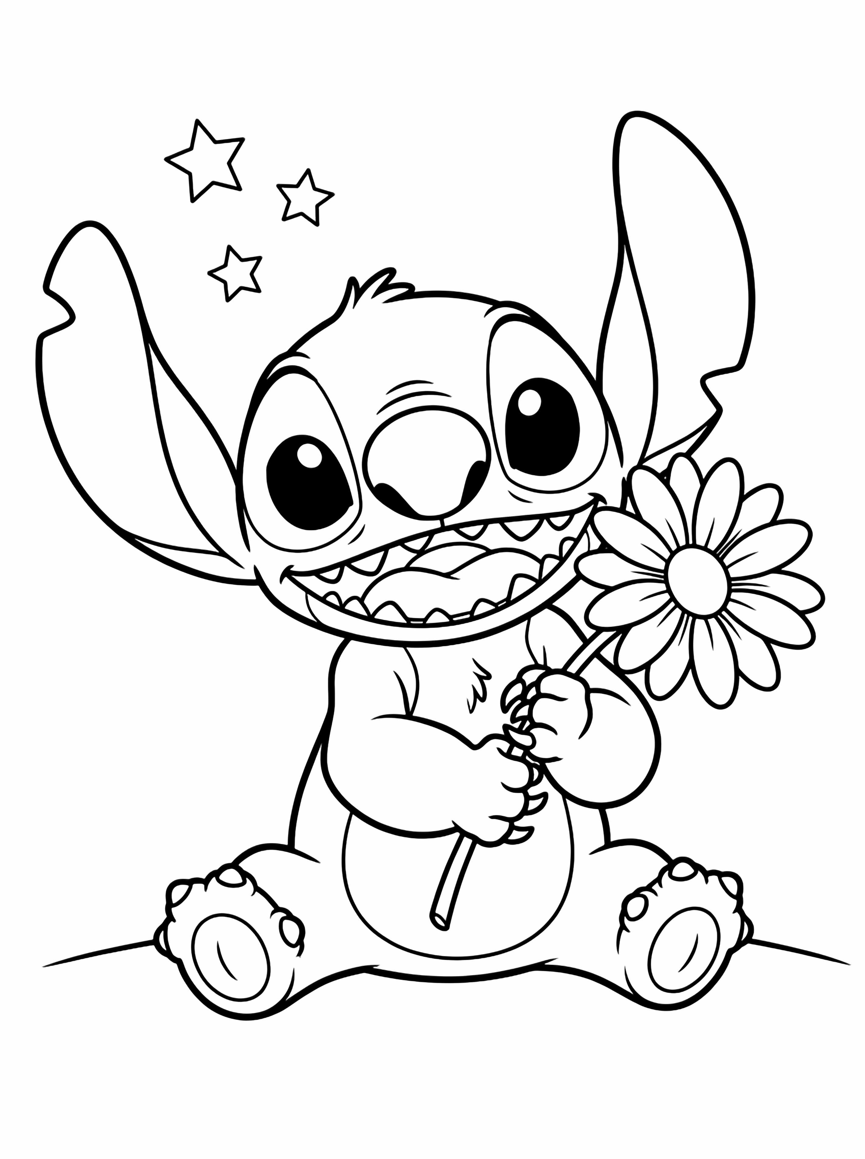 Stitch zit met gekruiste benen, grote glimlach, houdt een madelief naar de kijker; lange slapende oren omlijsten zijn ronde hoofd, klauwen omvatten voorzichtig de steel, lichte grondlijn, drie kleine sterren erboven. kleurplaat