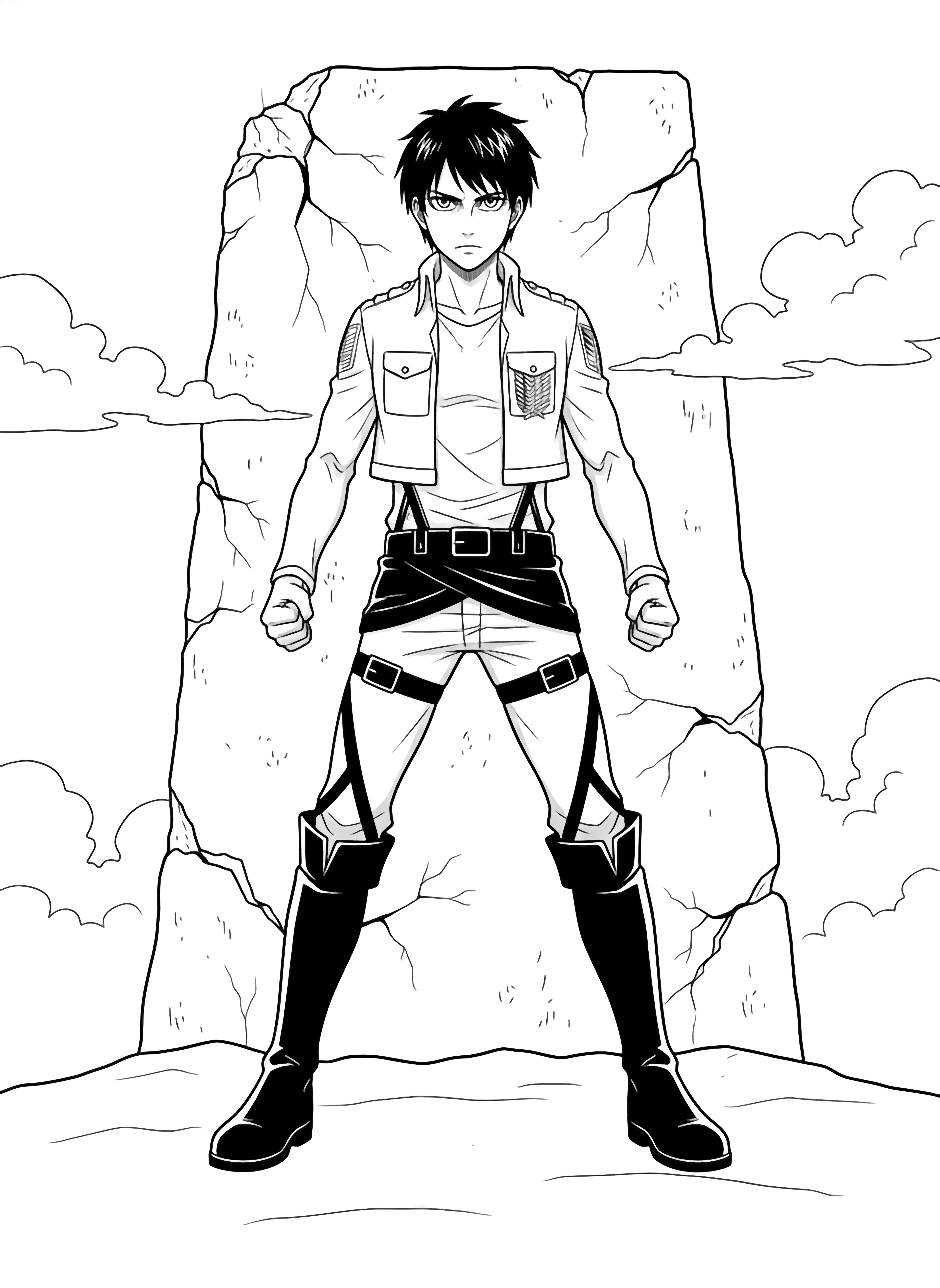 Eren stands with clenched fists, boots apart, staring ahead; jagged wall cracks frame him, clouds drift beyond, simple ground line below. kleurplaat