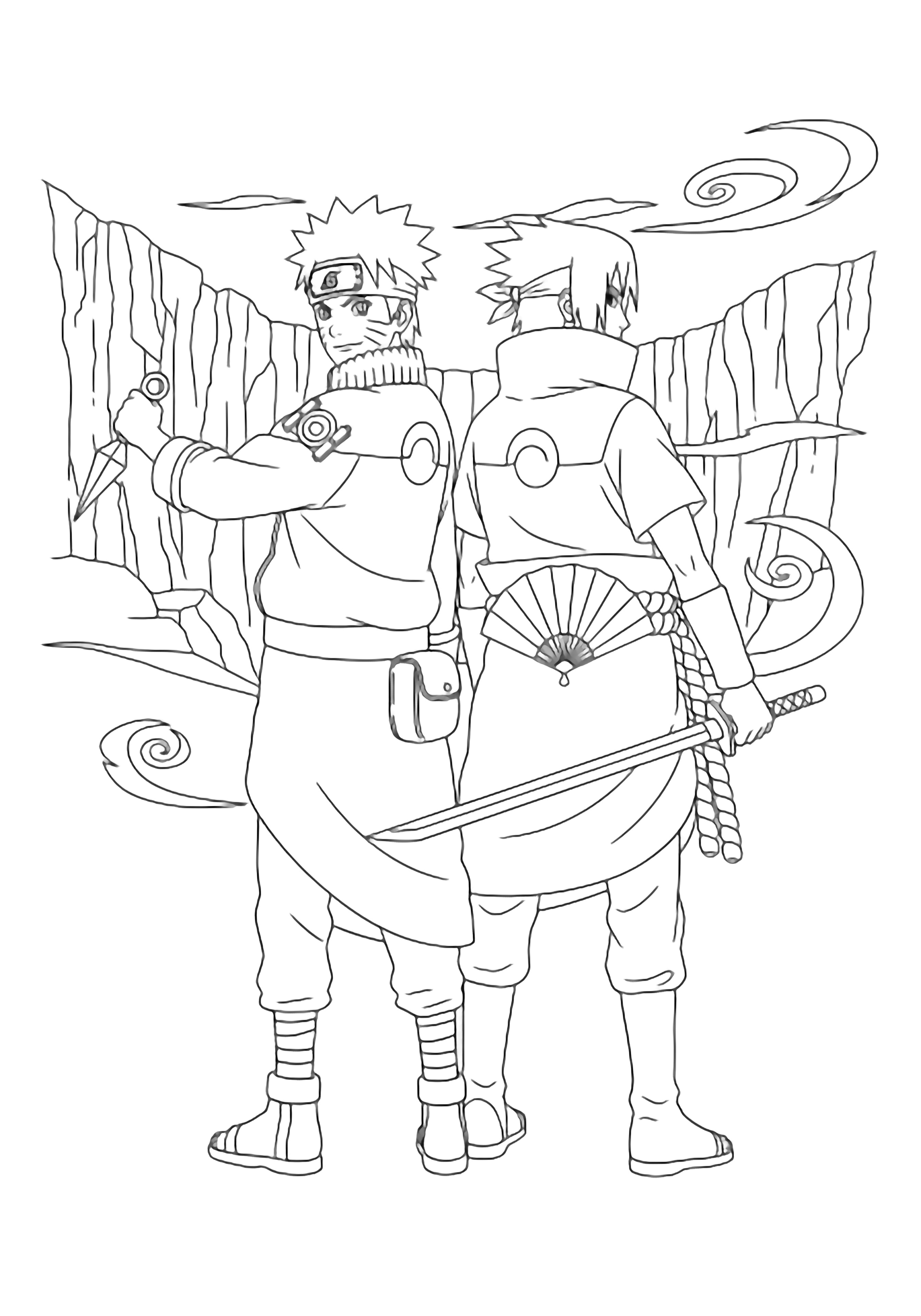 Naruto and Sasuke stand back-to-back on a cliff, wielding kunai and sword, spiky hair and clan crests visible, wind swirling around them. kleurplaat