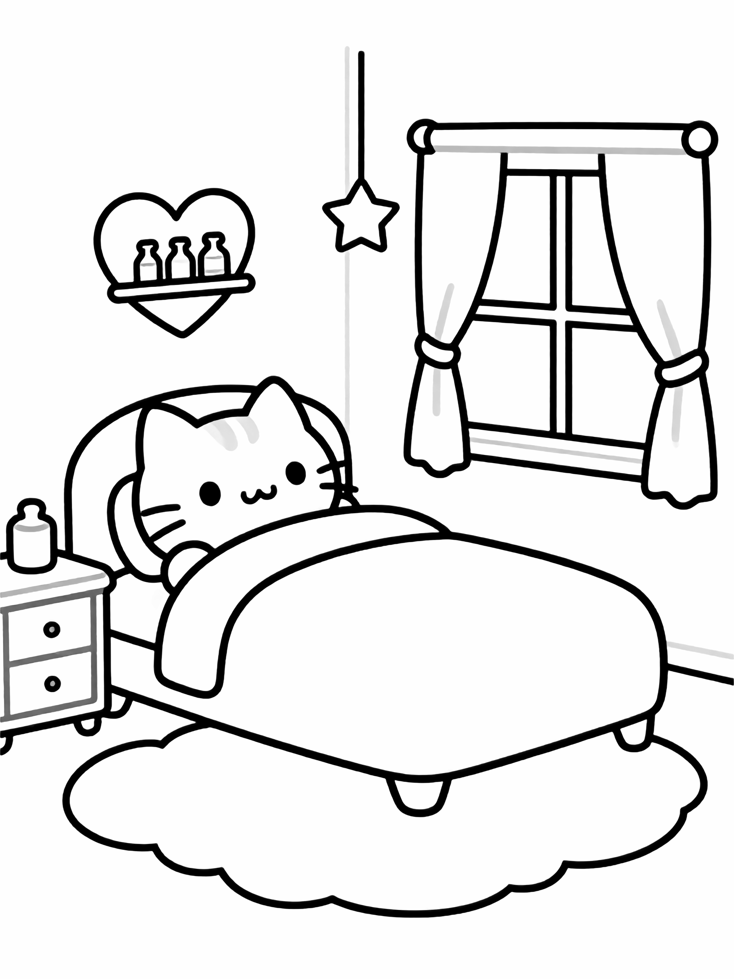 Happy cat plush on puffy bed, heart shelf with tiny bottles, dangling star lamp, fluffy cloud rug, rounded dresser, window with swag curtains kleurplaat