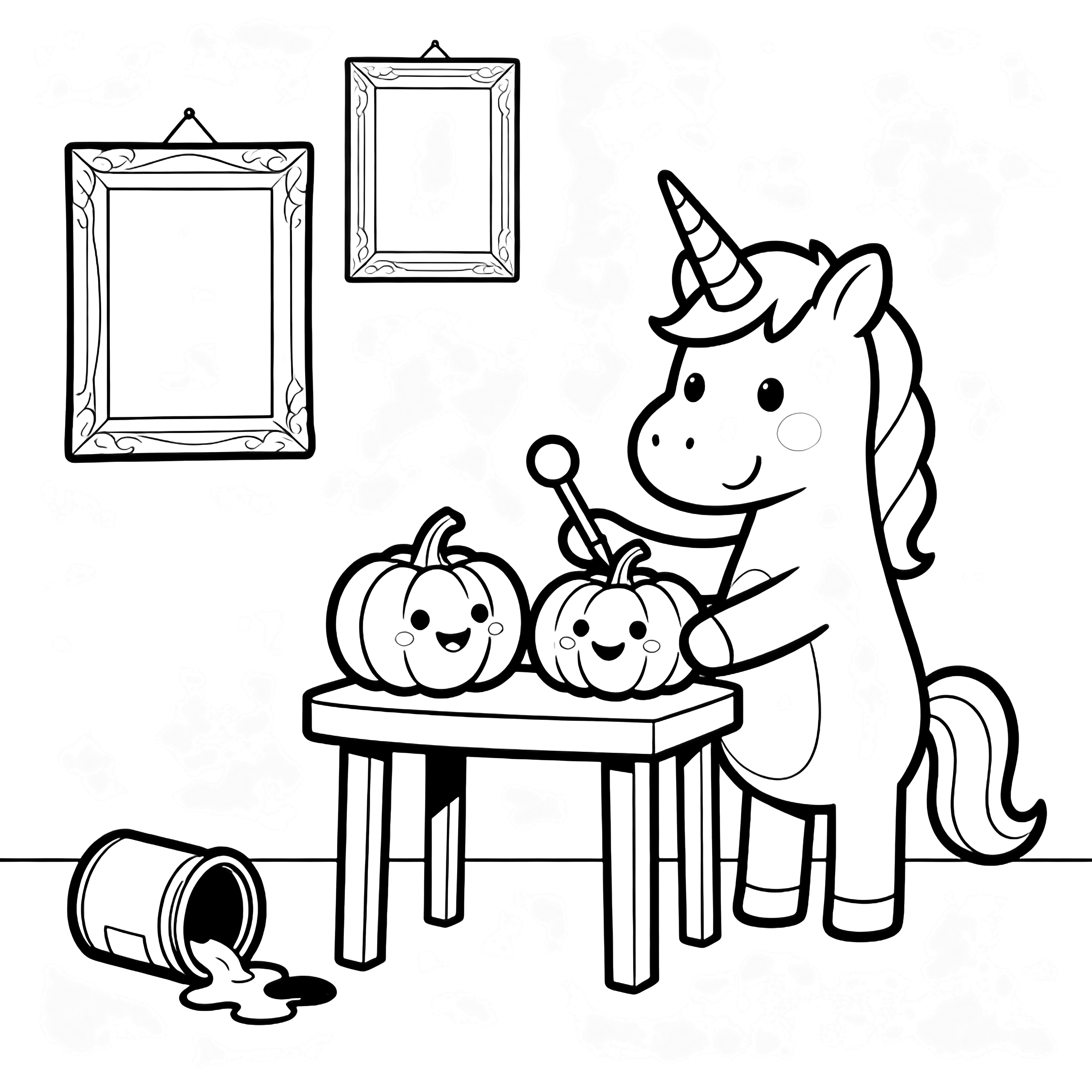 A smiling unicorn paints happy pumpkins at a tiny table; empty frames and a tipped paint pot surround it. kleurplaat