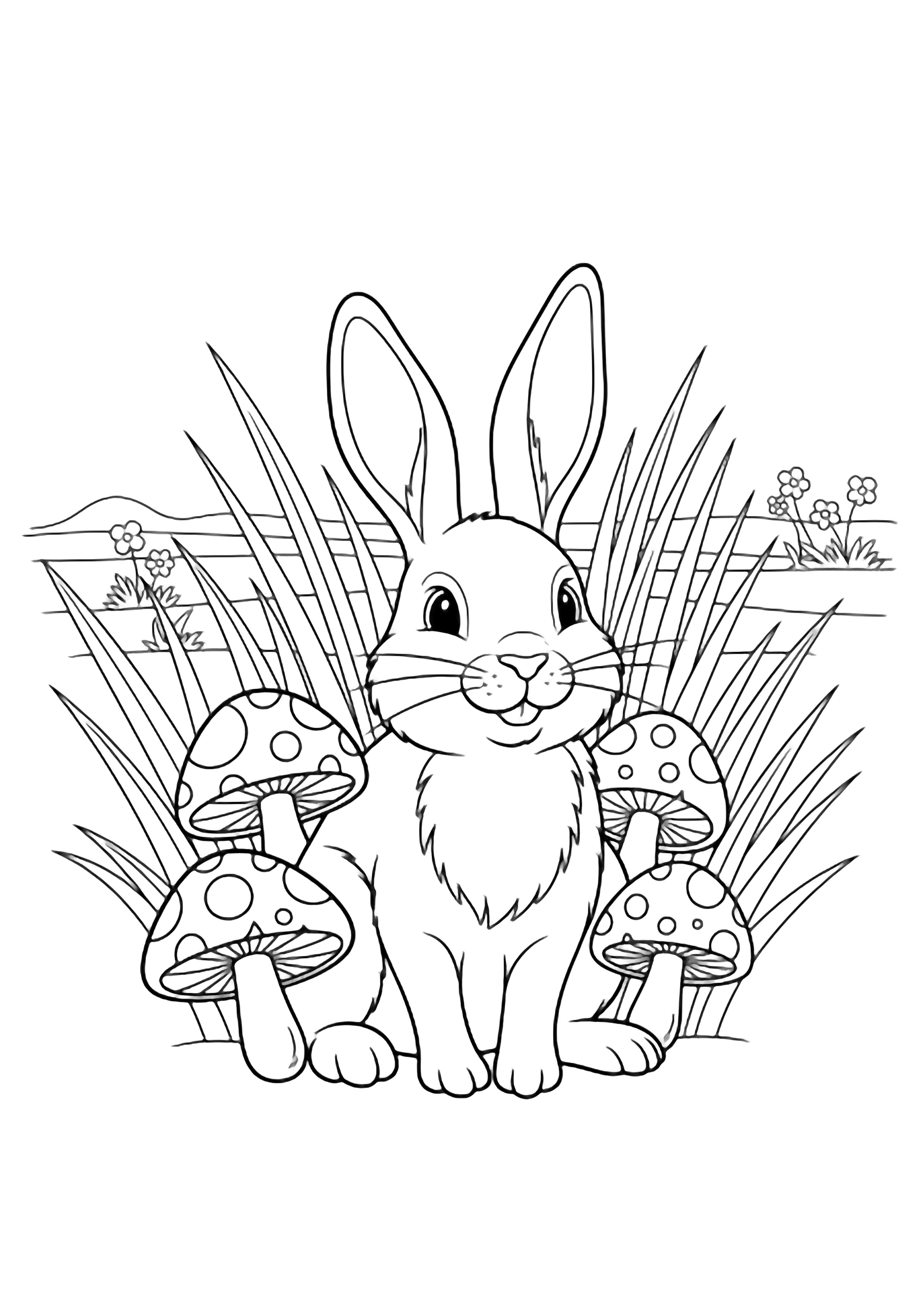 A smiling rabbit crouches among tall straight grass blades, framed by spotted mushroom caps, tiny flowers, and a low horizon. kleurplaat