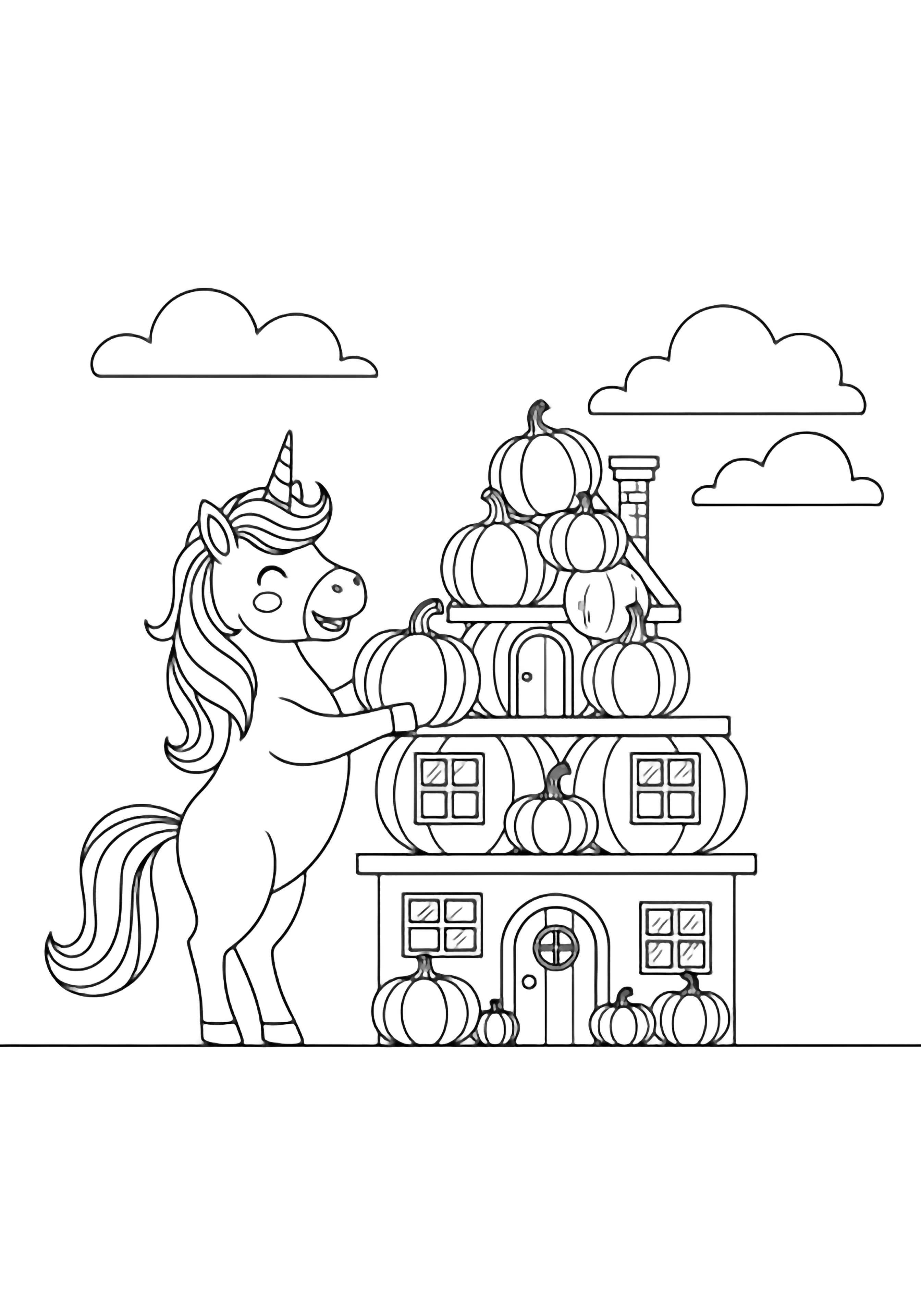 A unicorn rears up, stacking pumpkins beside a tiny house with square windows and a door; two clouds float above a ground line. kleurplaat