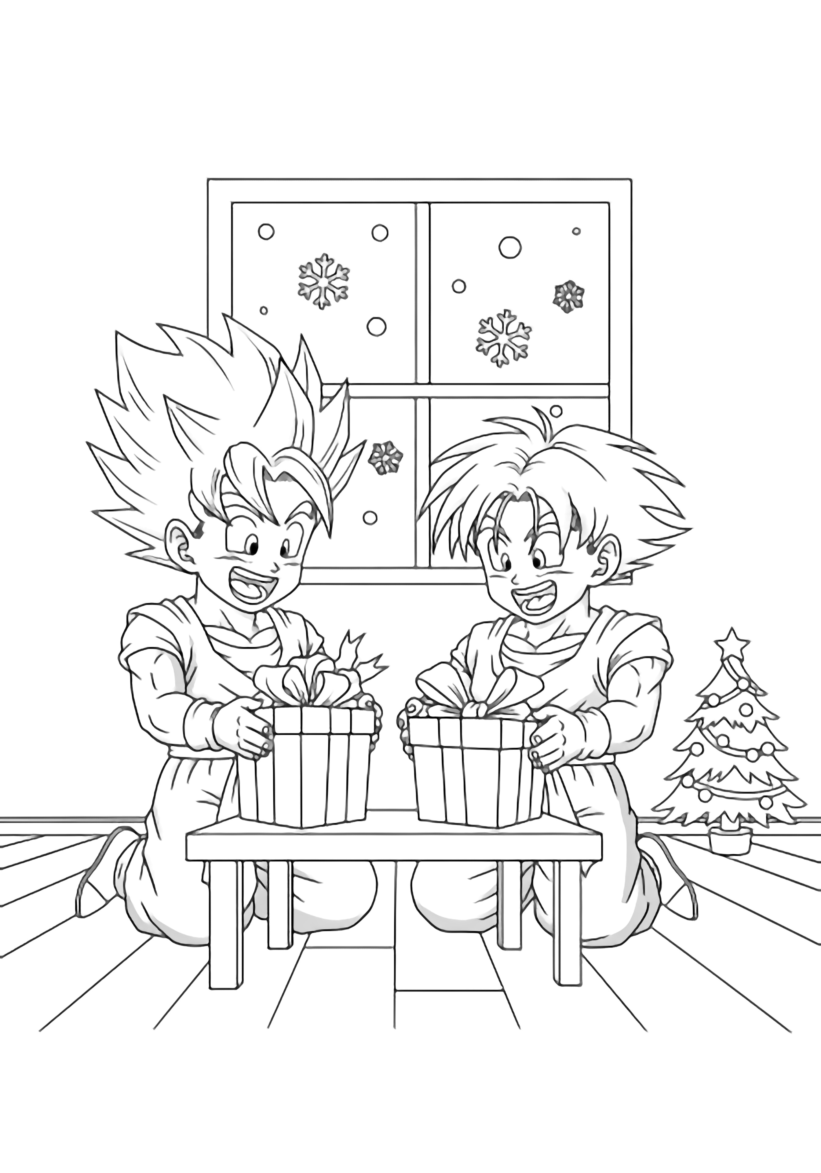 Goten and Trunks kneel at a low table excitedly opening presents, smiling beneath a window with drifting snowflakes, a small Christmas tree nearby on bare floorboards. kleurplaat