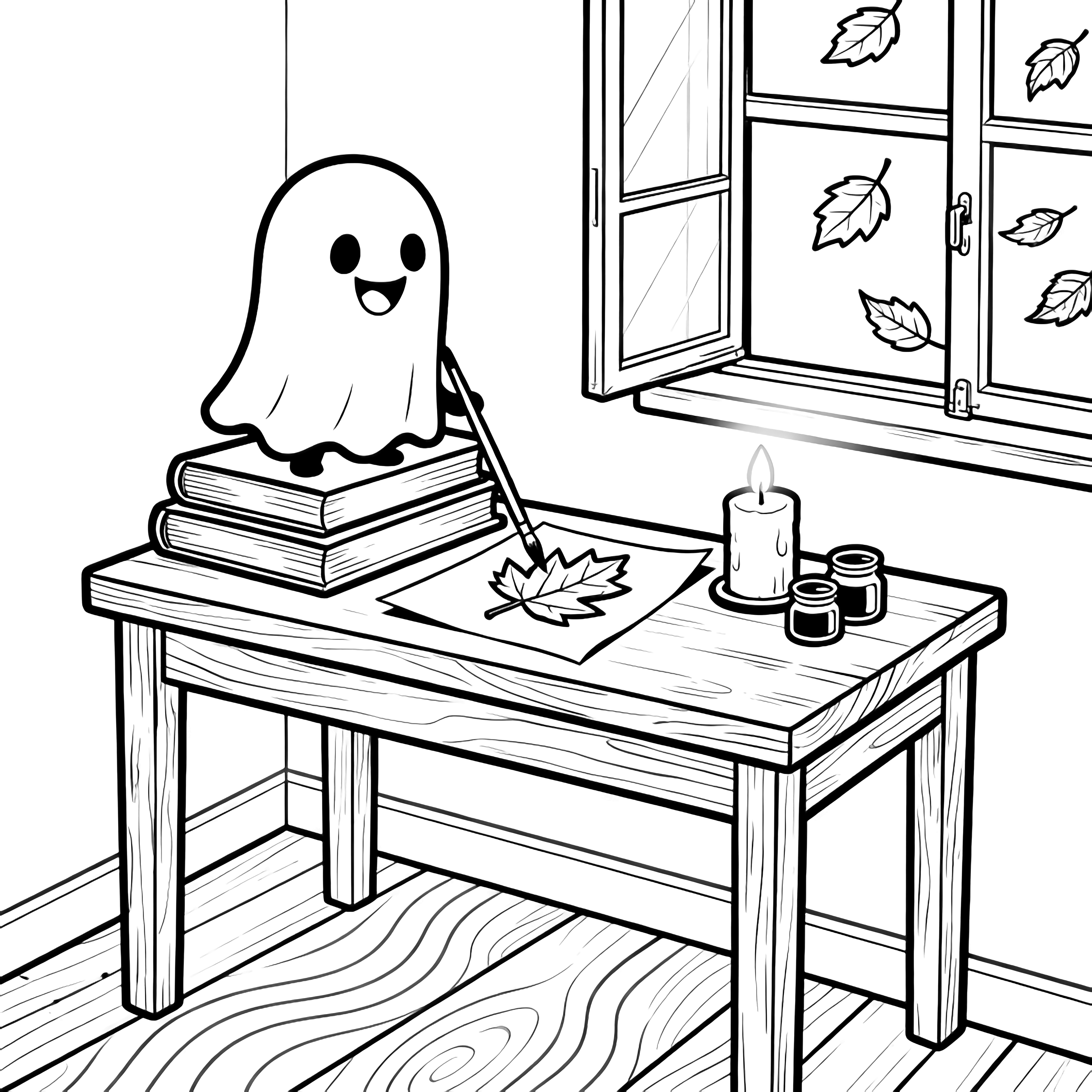 Tiny smiling ghost on stacked books paints autumn leaves; stubby candle, paint jars, open window with drifting leaves, simple wooden desk, wavy floorboards. kleurplaat