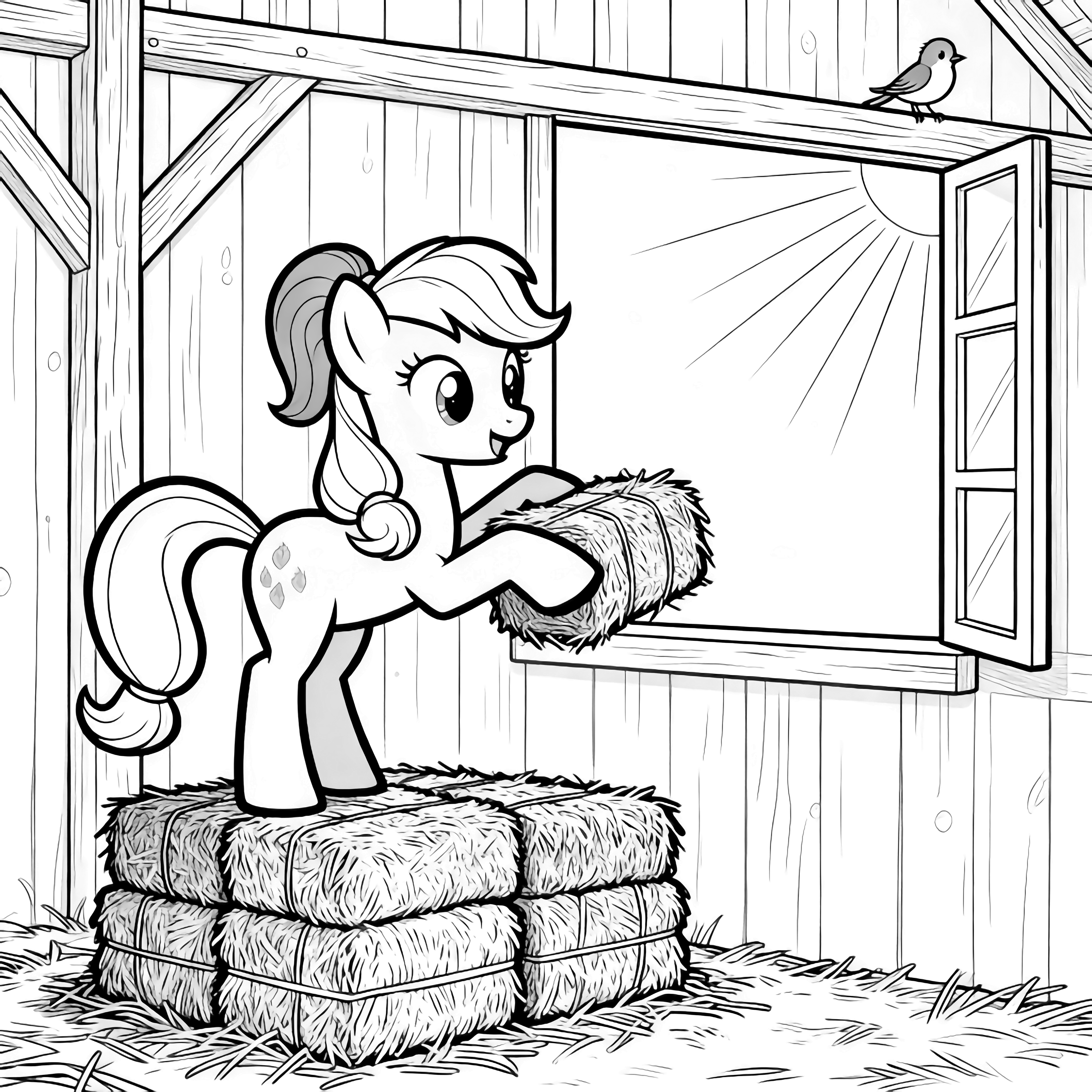 Applejack on a hay bale in a barn, stacking hay, ponytail swaying, sunbeams through an open window, small bird perched above. kleurplaat