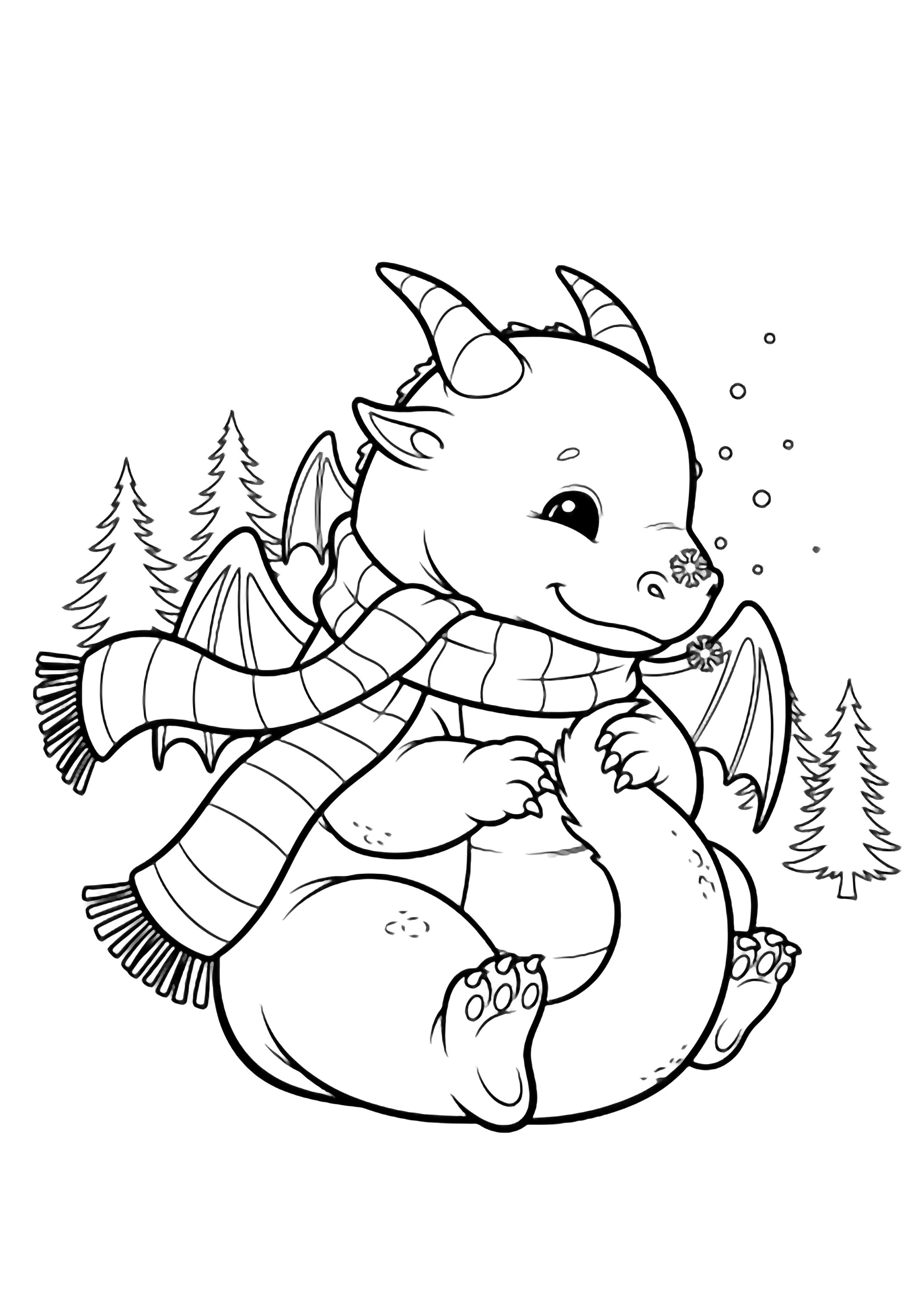 A plump baby dragon hugs its tail, striped scarf wrapped twice around its neck, snowflakes landing on its snout, simple pines behind. kleurplaat