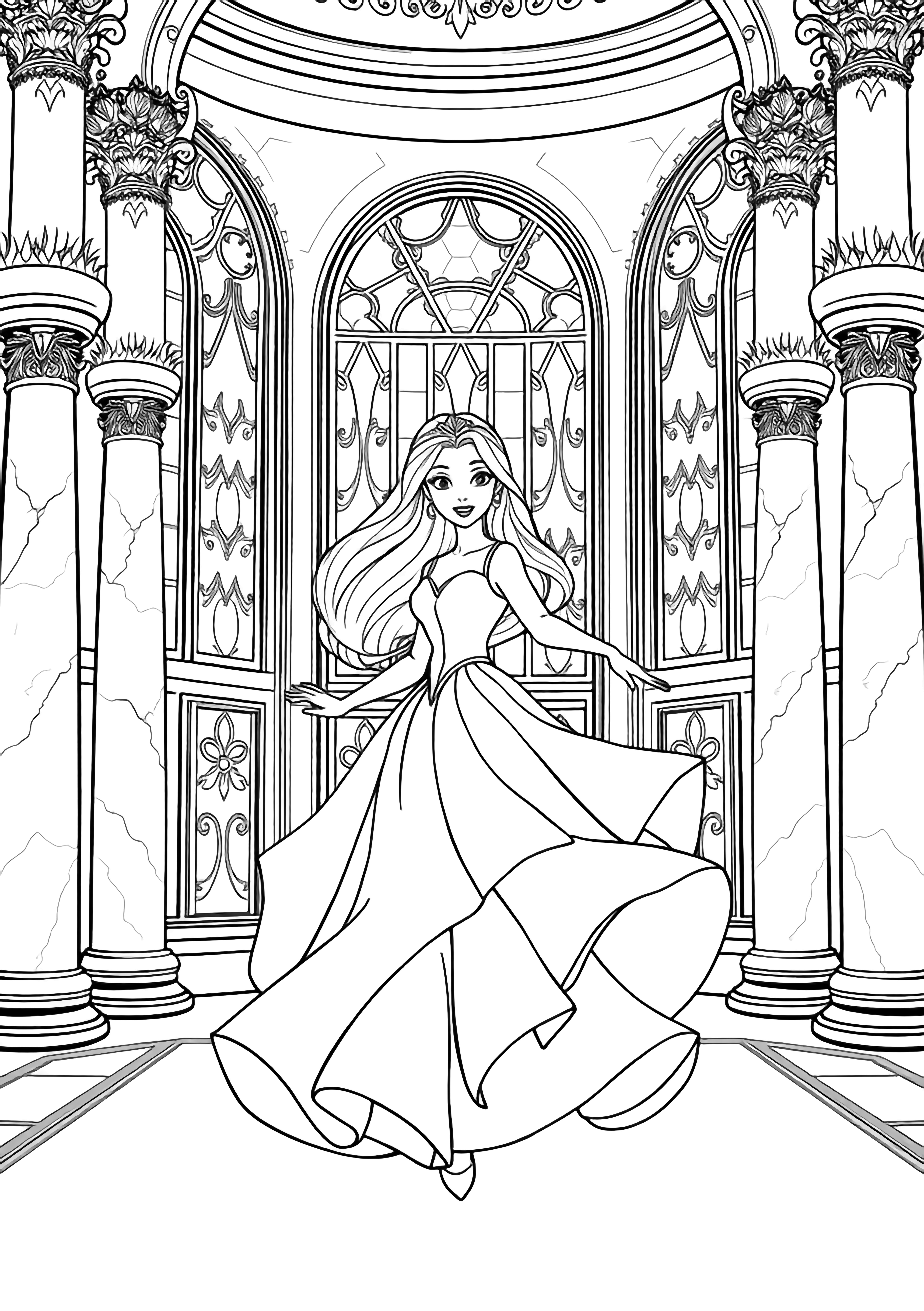 A black and white page of a graceful princess twirling happily in the grand ballroom of her palace She wears an elegant gown with flowing layers that swirl around her as she dances her long hair cascading in gentle waves The ballroom features tall arched windows with decorative patterns marble columns with ornate designs and a clean black and white line drawing minimal shading no colour no fill kleurplaat