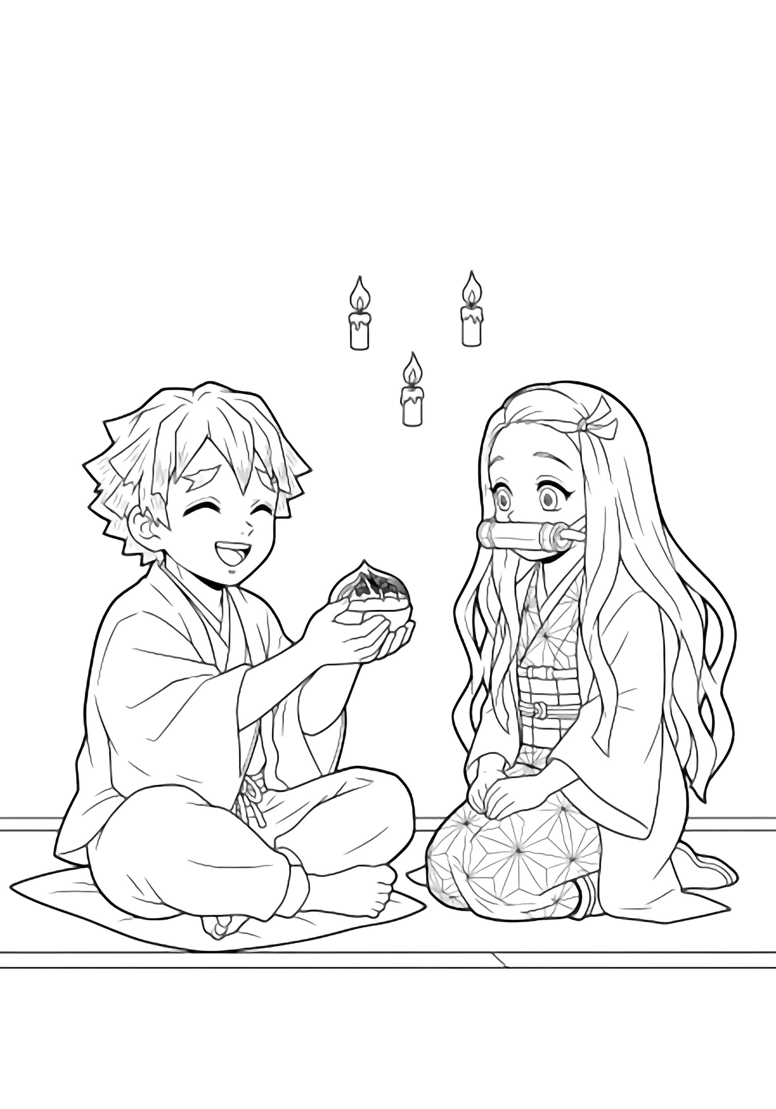 Zenitsu sits cross-legged offering a roasted chestnut to kneeling Nezuko; small candle flames and tatami mat behind them. kleurplaat