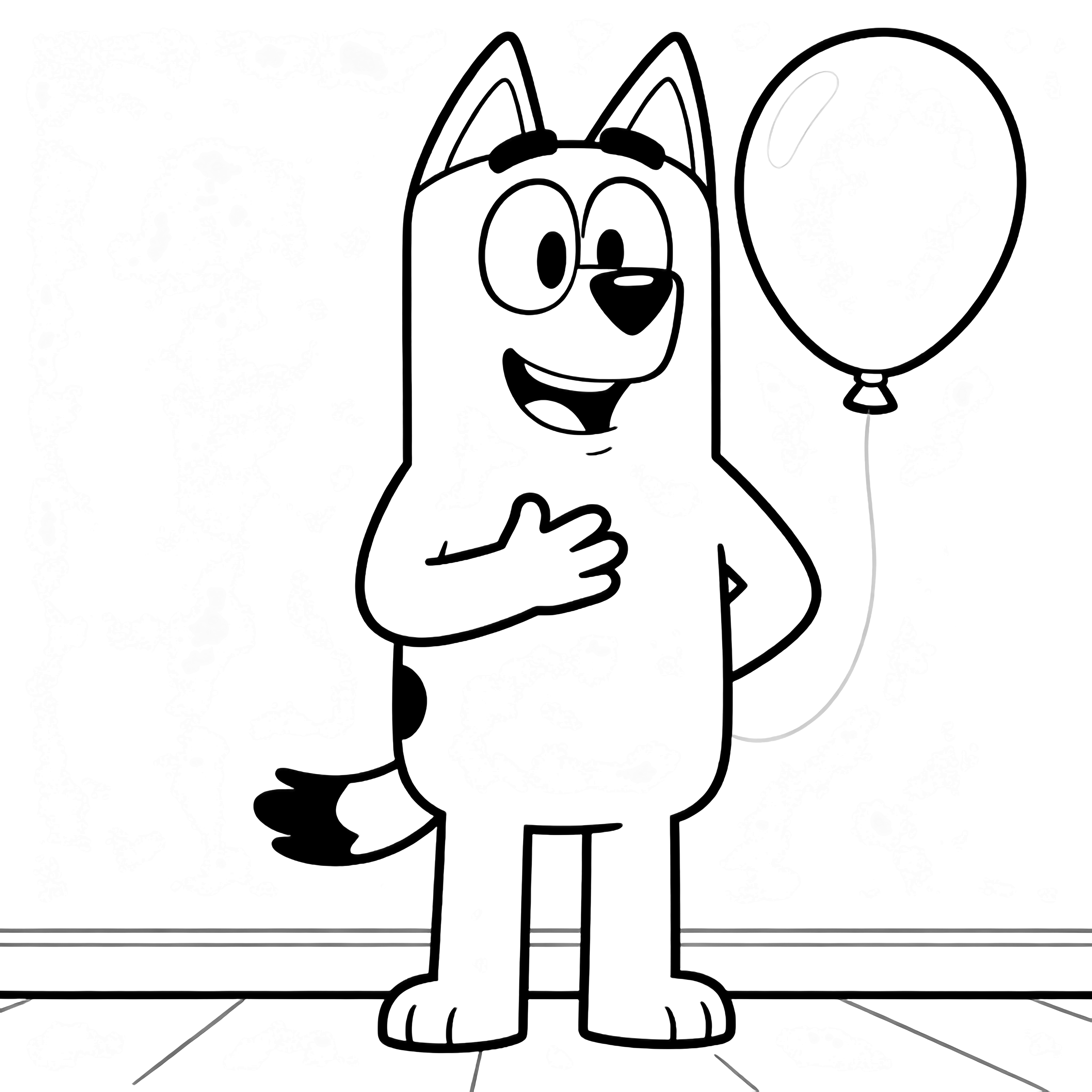 Bluey's dad stands proudly with one paw over his heart, smiling; a balloon drifts behind him on a simple floor. kleurplaat