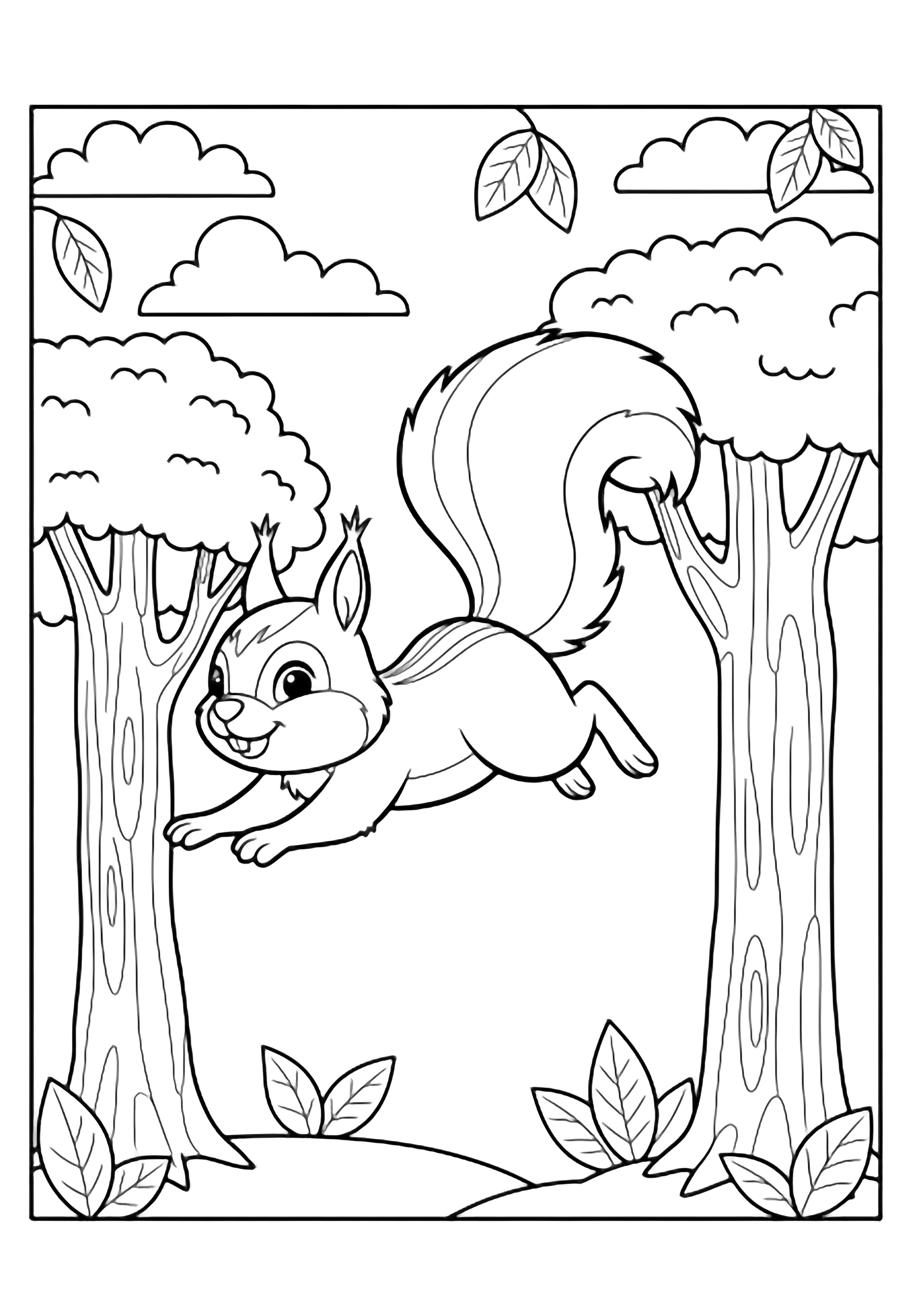 A joyful squirrel leaps between two trees, fluffy tail streaming behind, tiny paws reaching forward, framed by simple leaves and drifting clouds. kleurplaat
