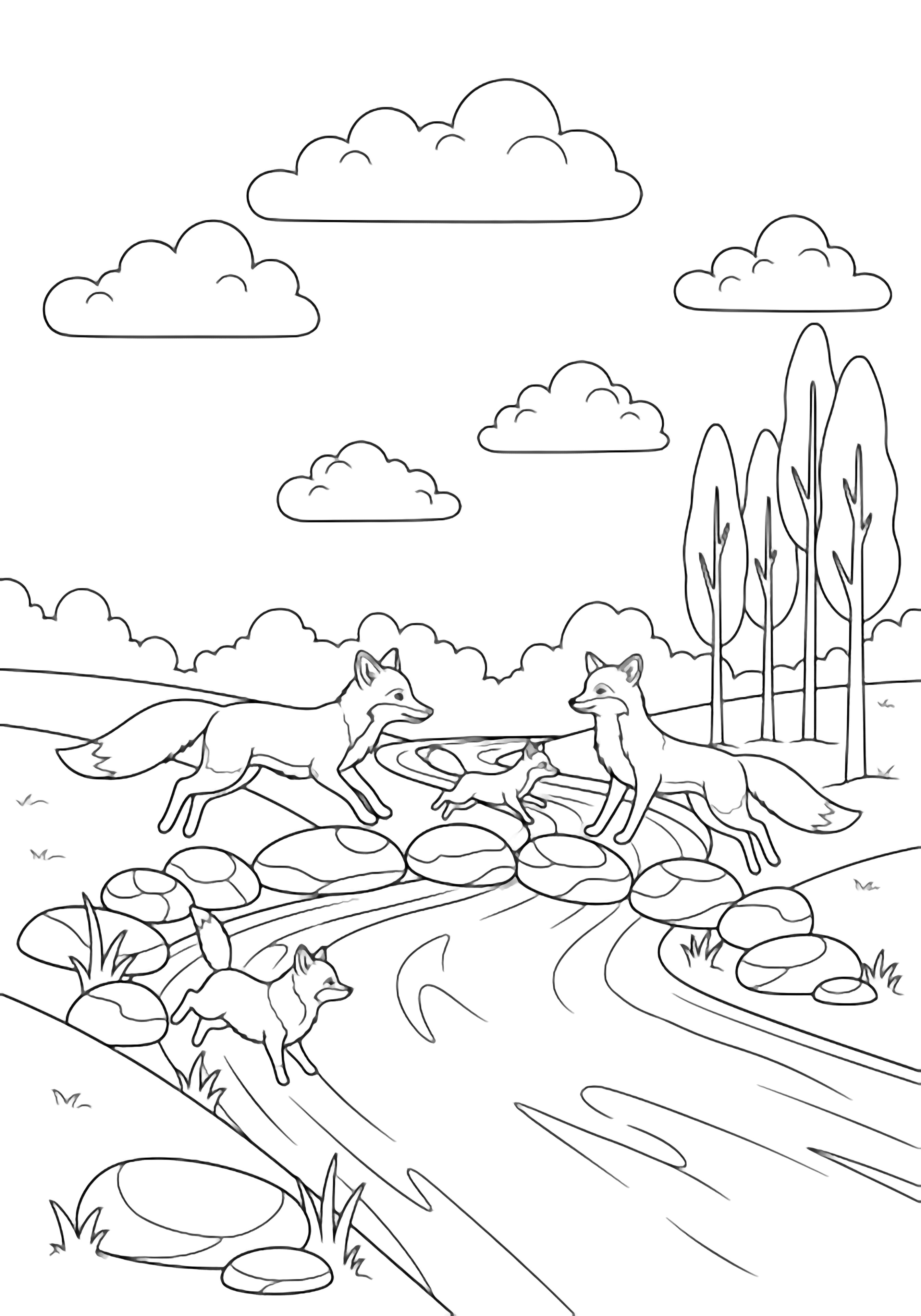 Two adult foxes and two kits leap across stepping-stones beside a curving stream, with tall trees and fluffy clouds overhead. kleurplaat