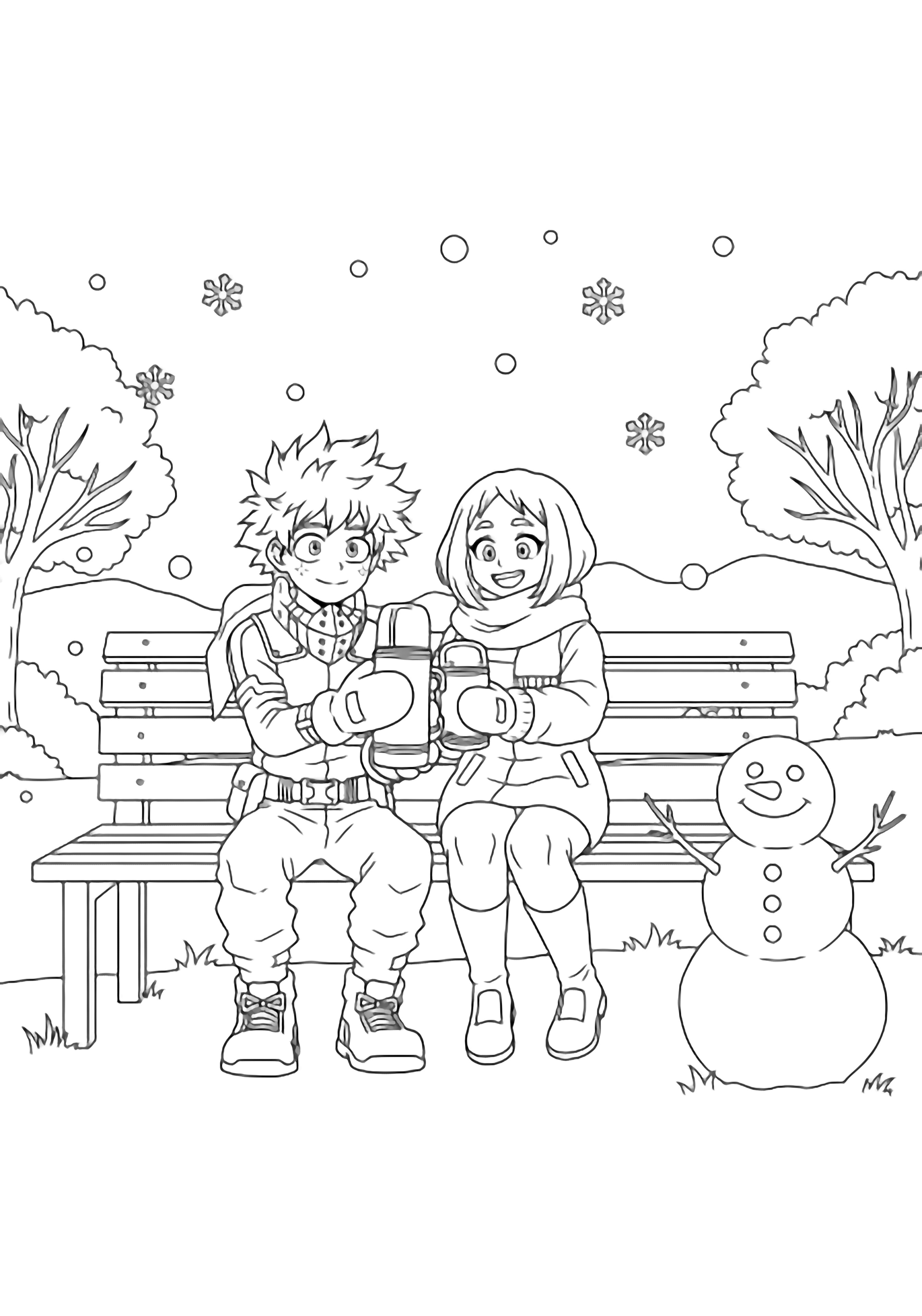 Deku and Uraraka share a thermos on a snowy park bench while a snowman smiles beside bare trees. kleurplaat