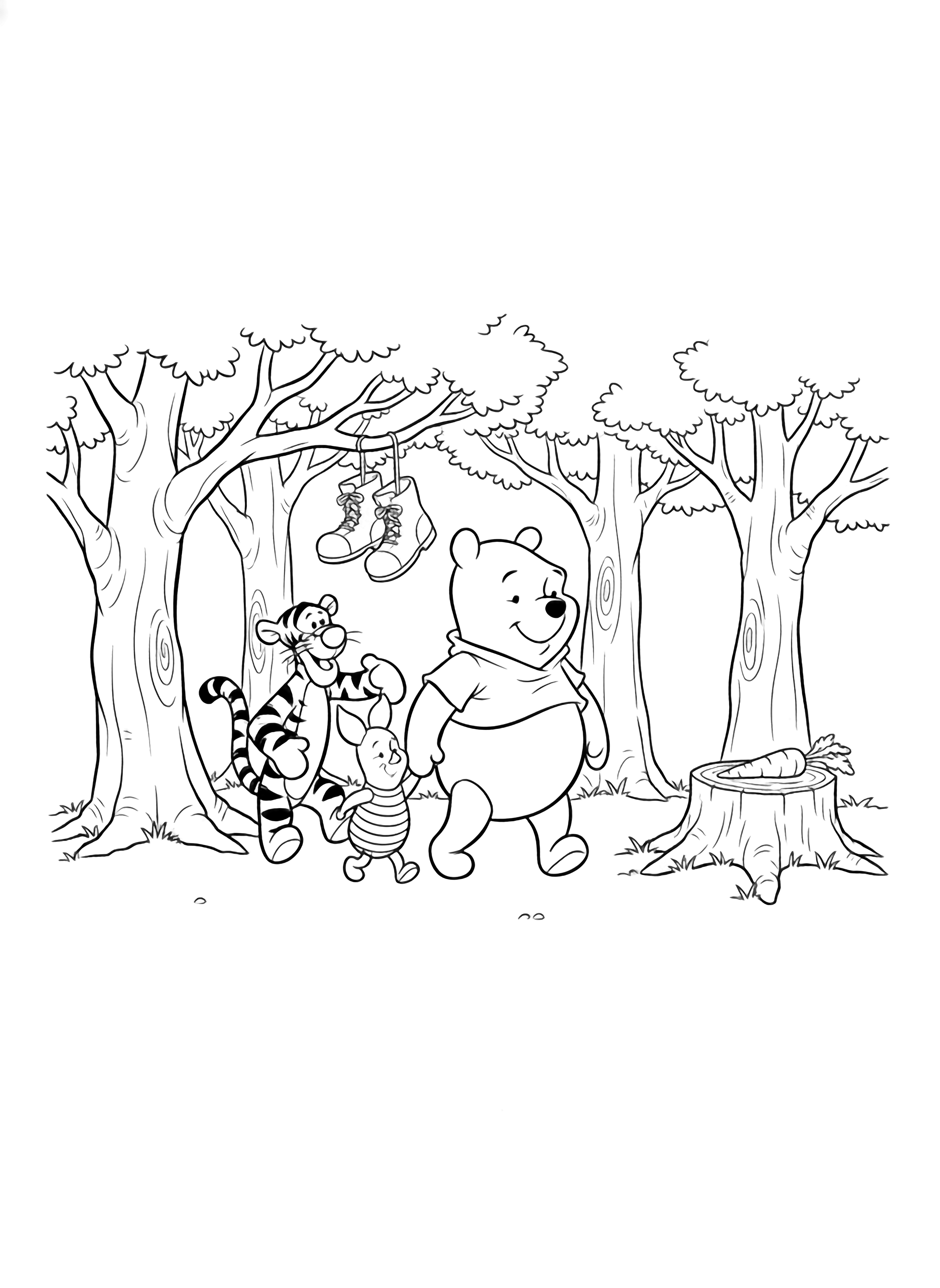 Winnie-the-Pooh, Tigger and Piglet walk beneath leafy trees; empty boots hang from a branch and a carrot sits on a stump. kleurplaat