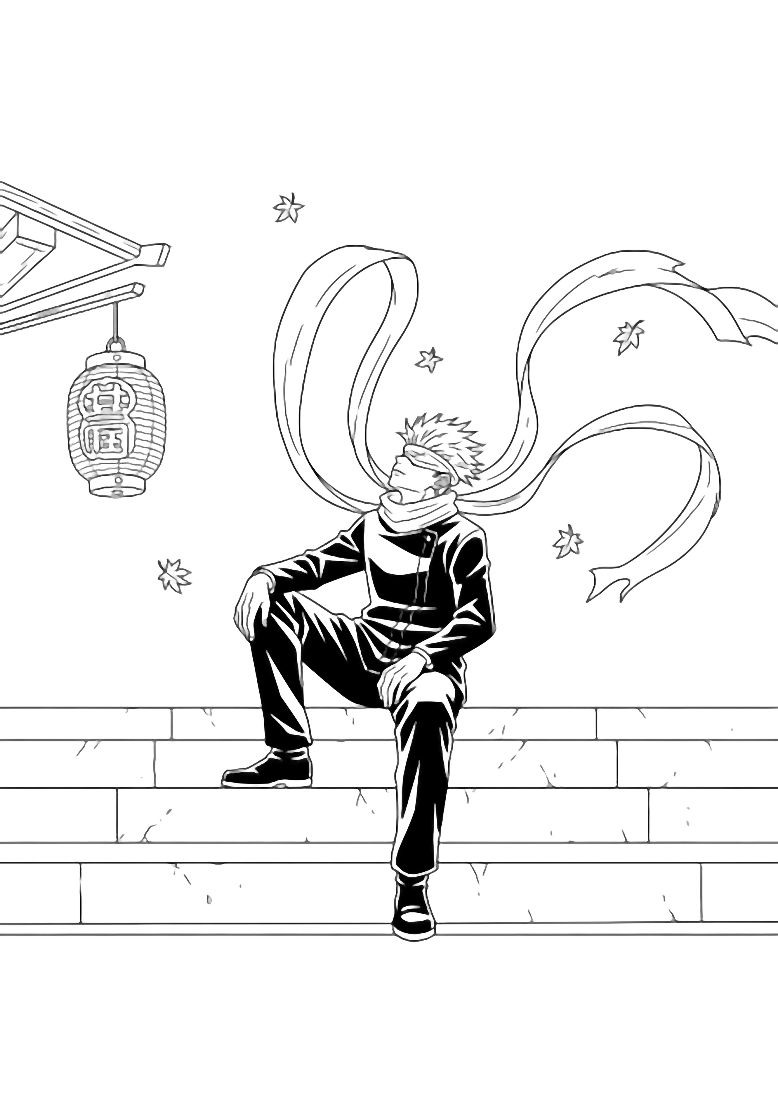 Gojo sits on wide temple steps, one knee raised, blindfolded face tilted skyward; long scarf ribbons swirl behind him, a lantern and drifting leaves nearby. kleurplaat