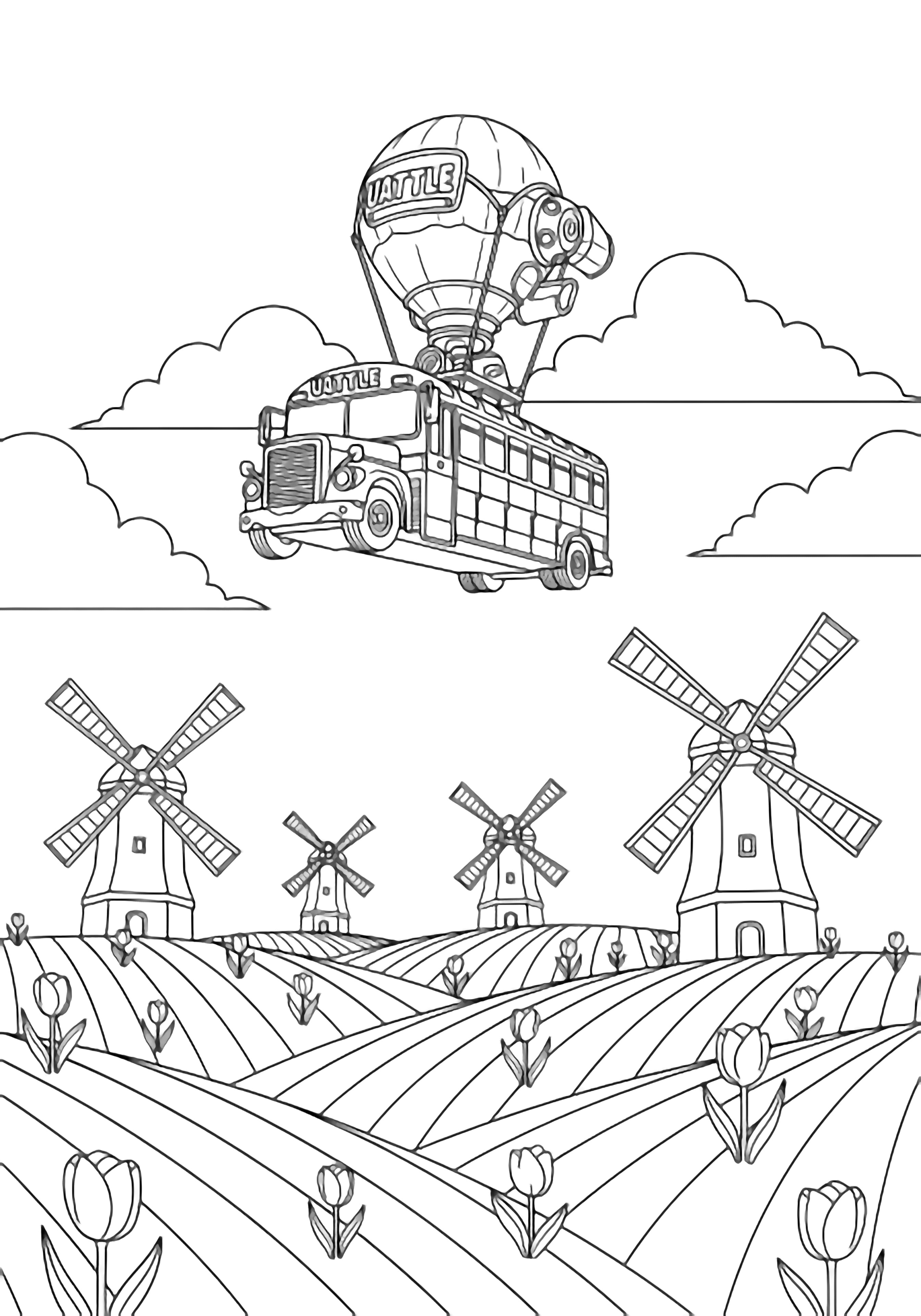 A floating bus hovers above Dutch fields with windmills, tulips, and chunky clouds. kleurplaat