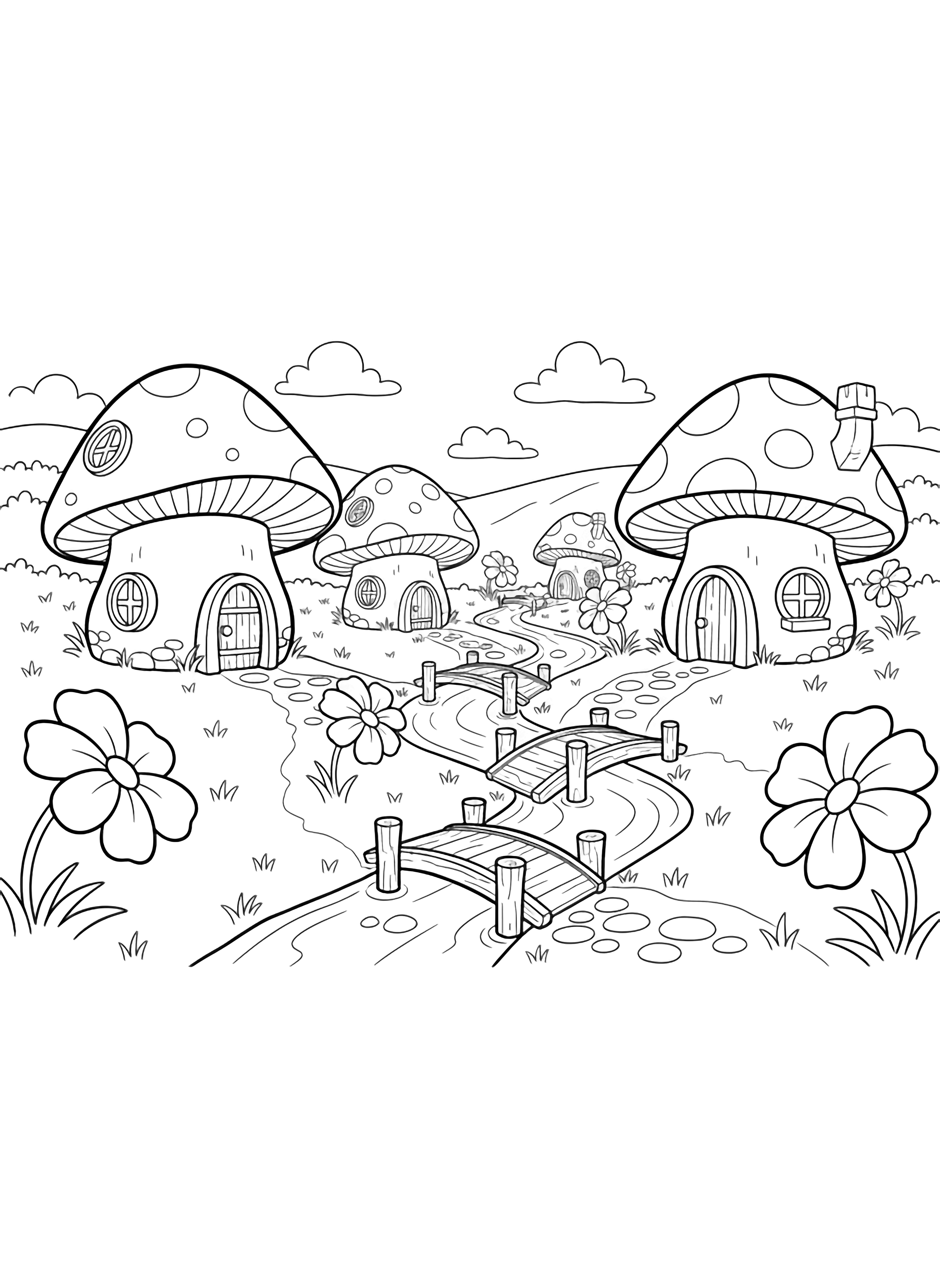 A tidy Smurf village of round mushroom houses with windows and doors, simple log bridges over a tiny stream, and big five-petaled flowers. kleurplaat