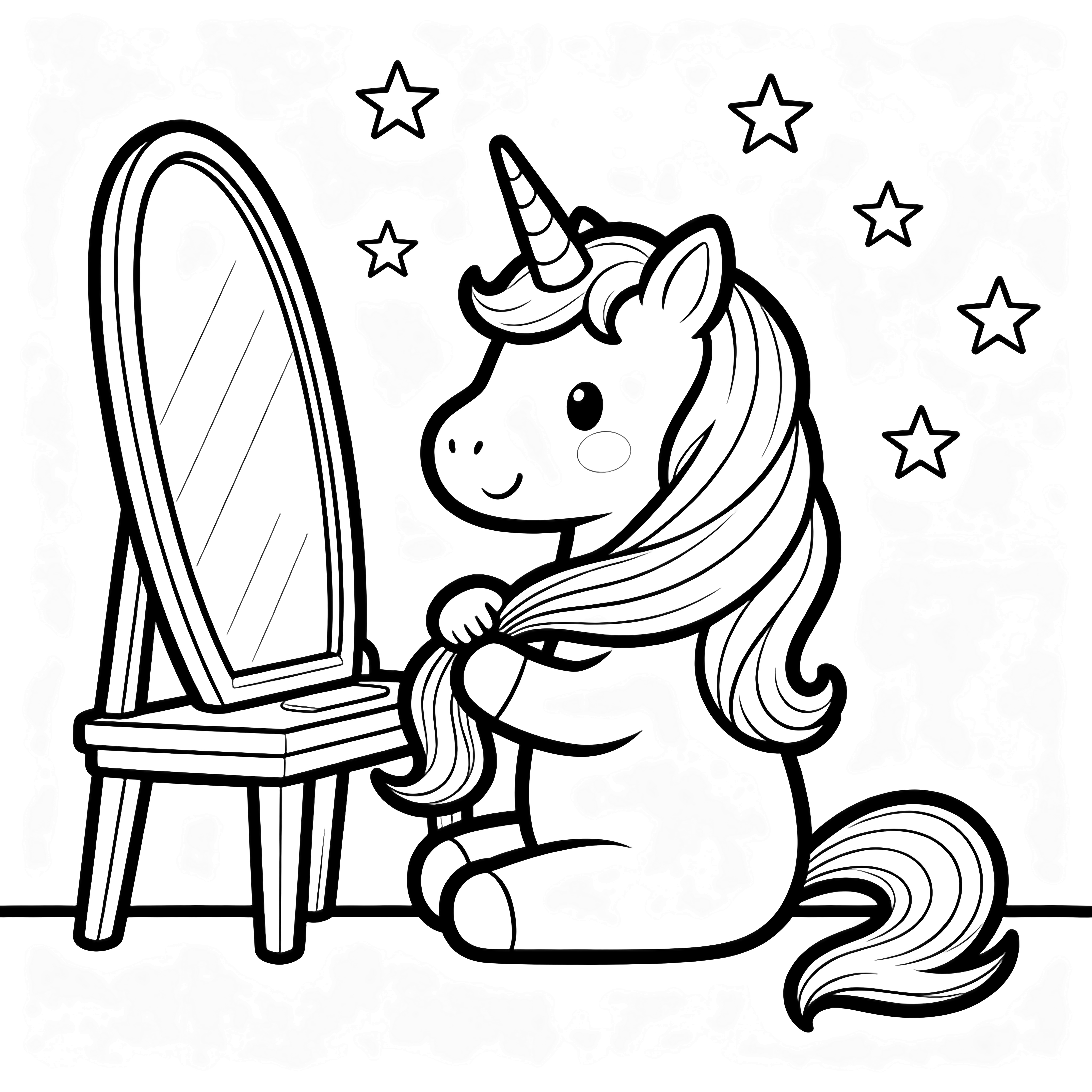 A happy unicorn brushes its long mane with its tail while sitting in front of a mirror; tiny stars float overhead. kleurplaat
