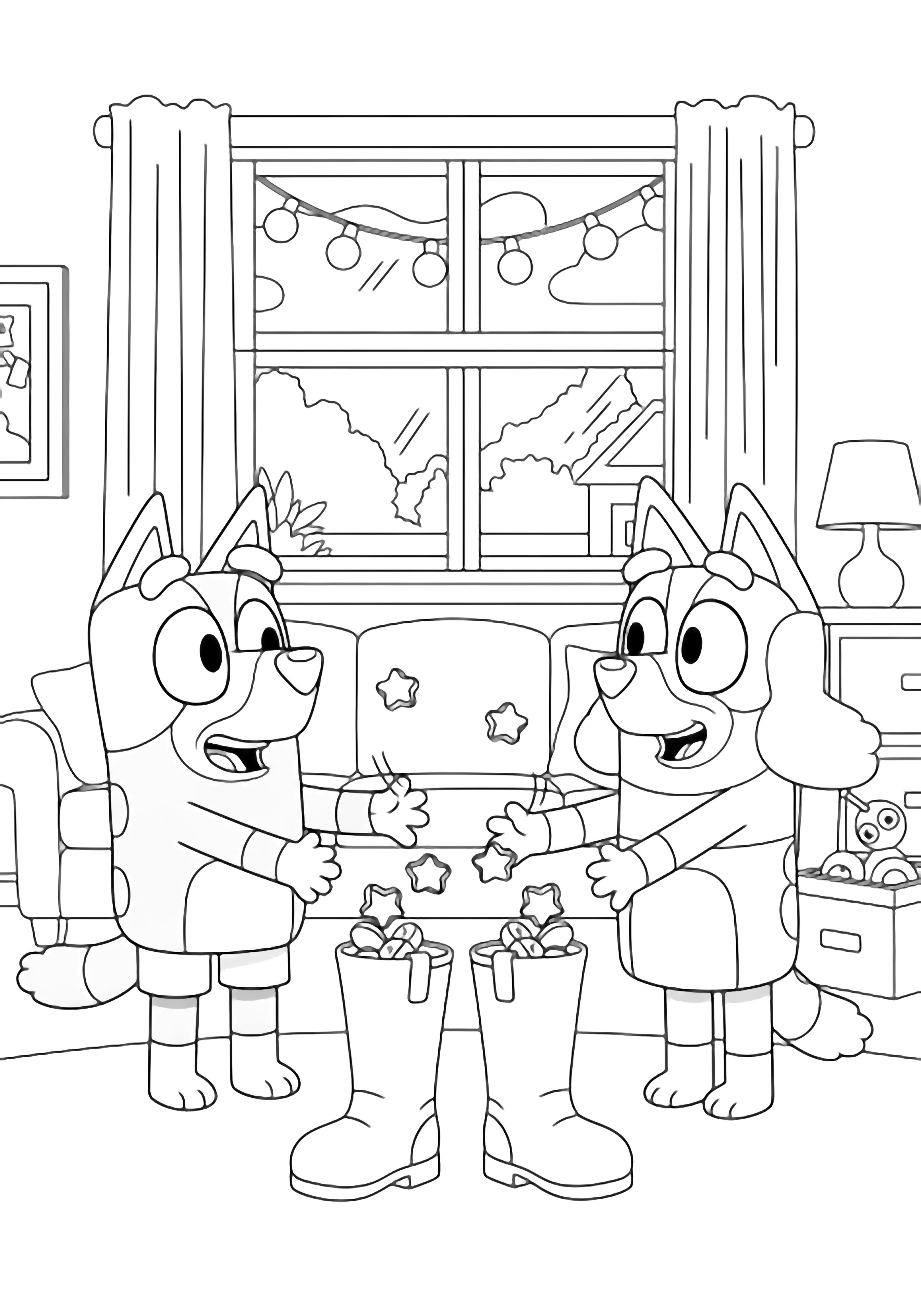 Bluey and Bingo gleefully toss star-shaped cookies into tall boots in their cozy living room, window showing hanging lights, sofa, and toy box. kleurplaat