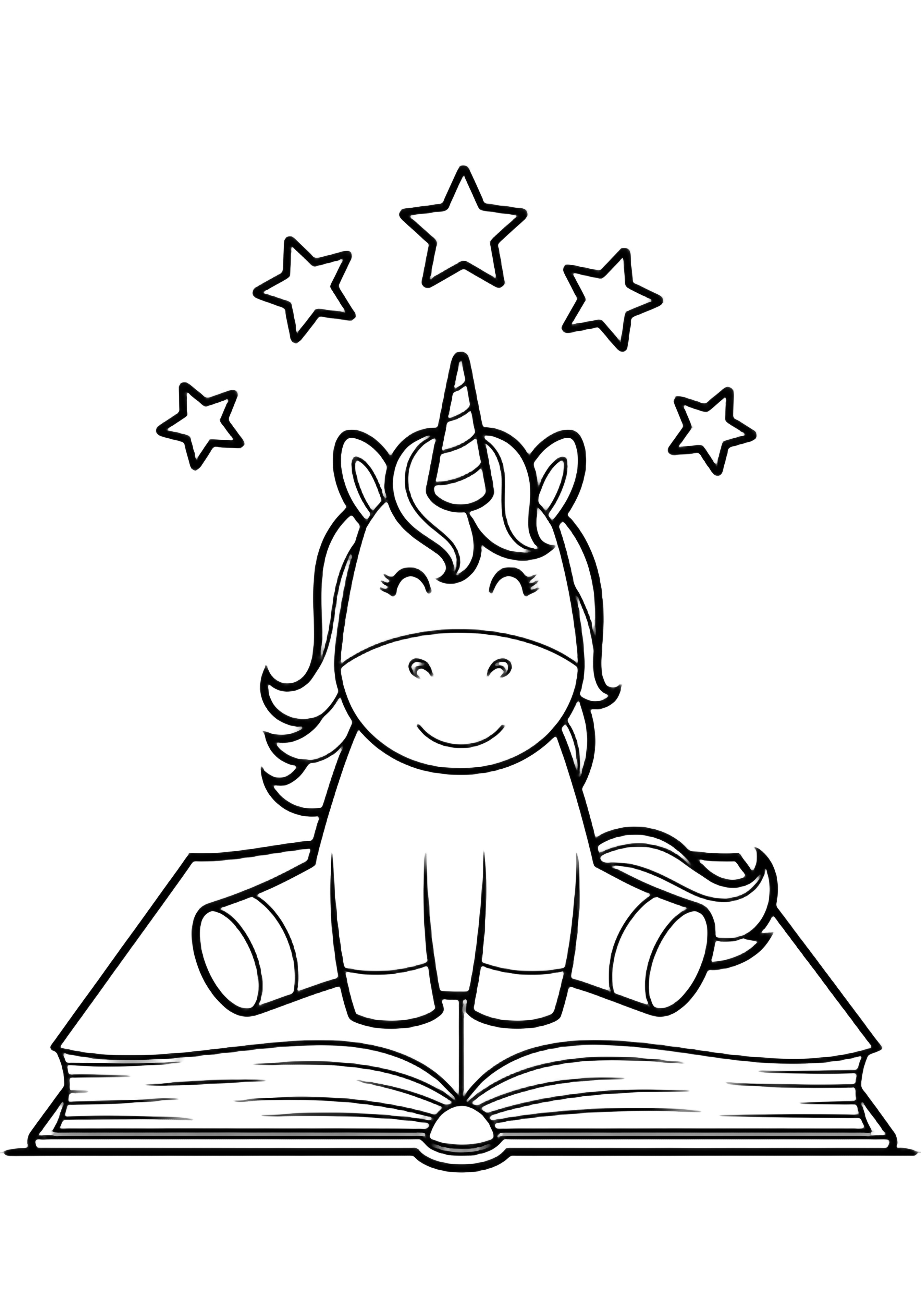 A smiling unicorn sits on an open book; five five-pointed stars float above in a loose arc. kleurplaat