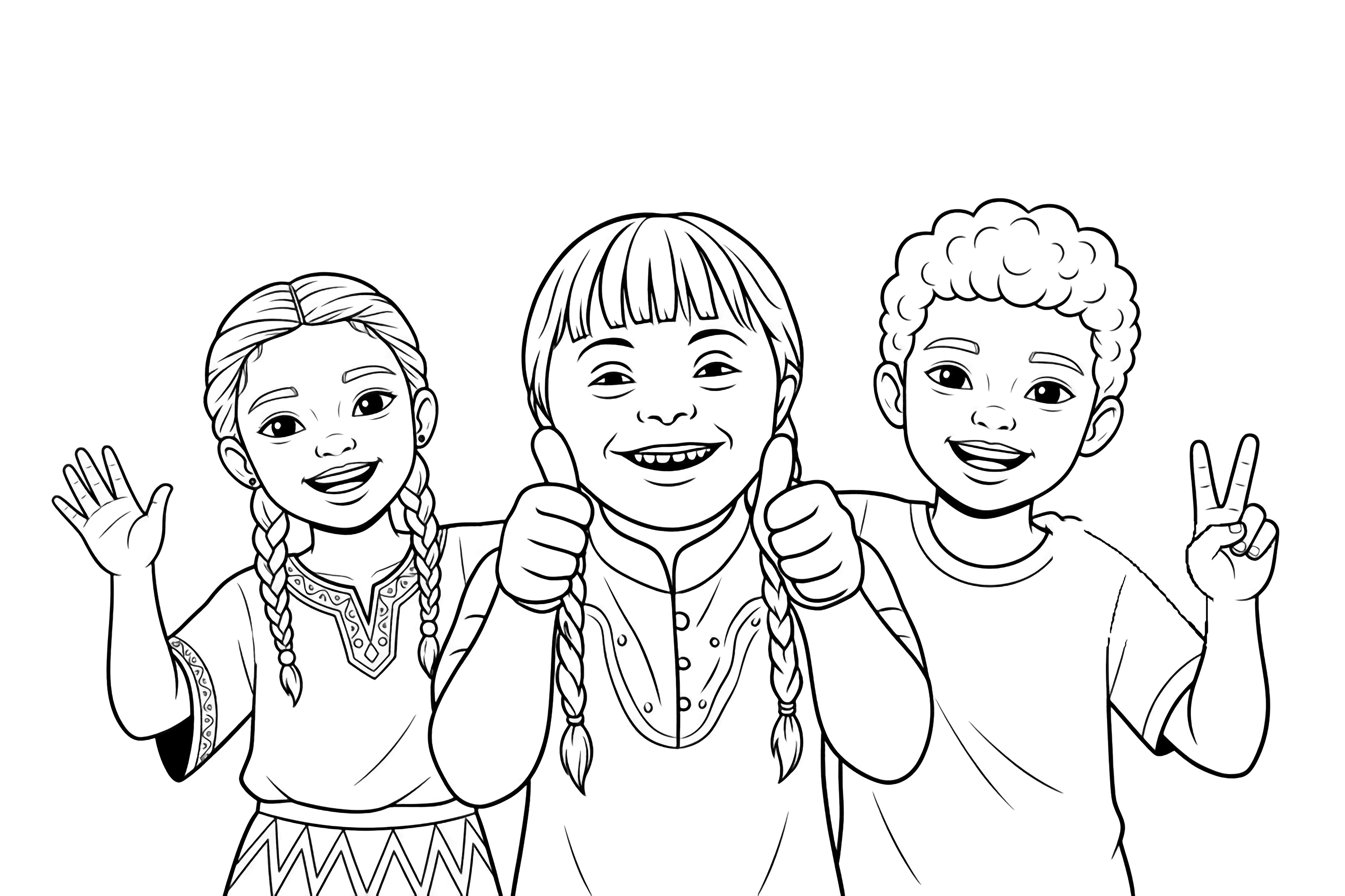 A happy young girl with bangs and braids smiles broadly, giving two thumbs up towards the viewer, against a simplified soft background. kleurplaat