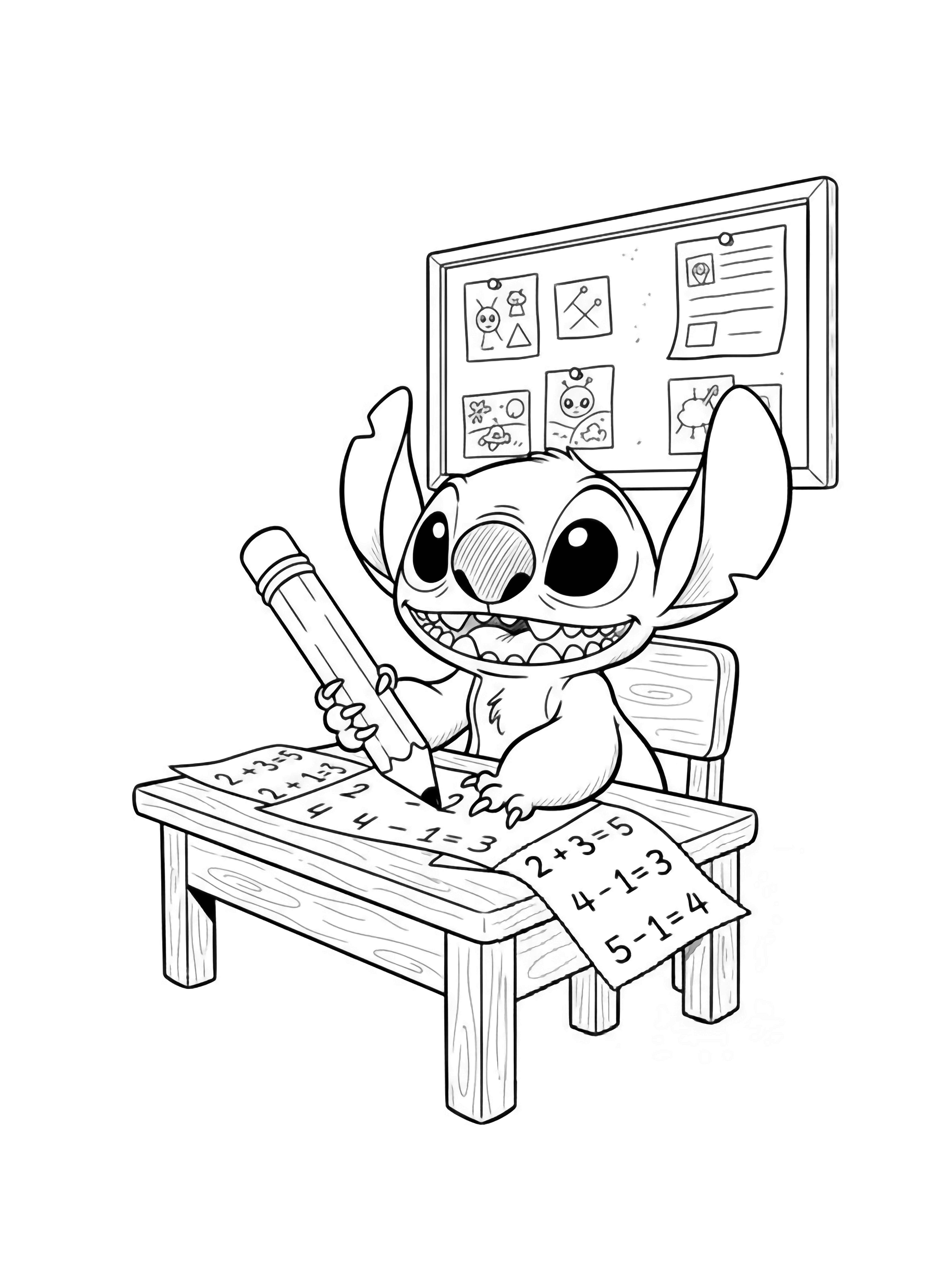 A black and white illustration of Stitch sitting cheerfully at a small wooden desk his big round eyes focused as he grips an oversized pencil in his paw Sheets of paper with playful doodles of stars spaceships and little aliens scatter across the desk Behind him a simple bulletin board displays pinned drawings and notes clean black and white line drawing minimal shading no colour no fill kleurplaat