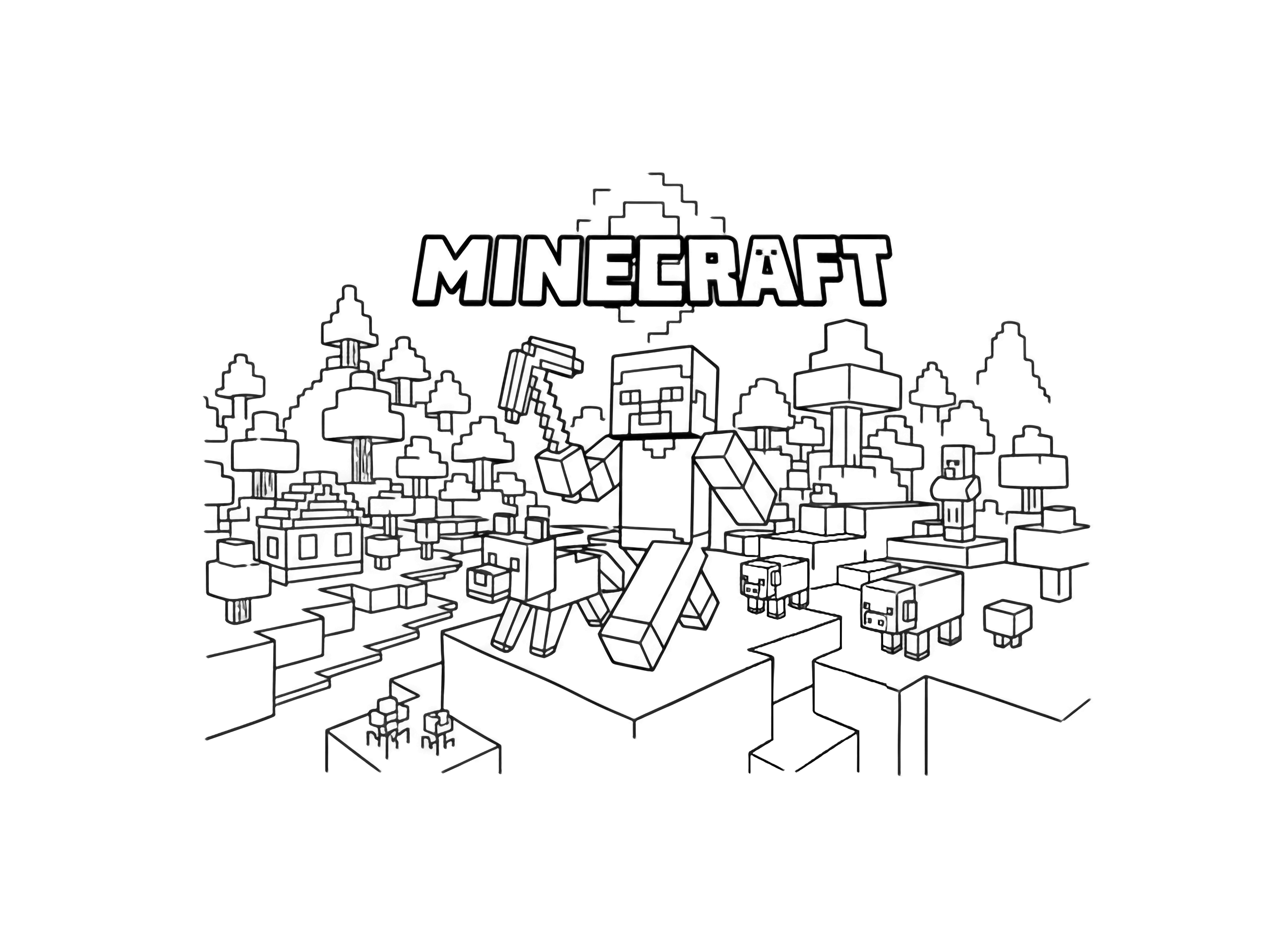 A blocky landscape featuring the character Steve with a pickaxe, a wolf, and pigs, with a small house and river under a bright sky, in the style of Minecraft. kleurplaat