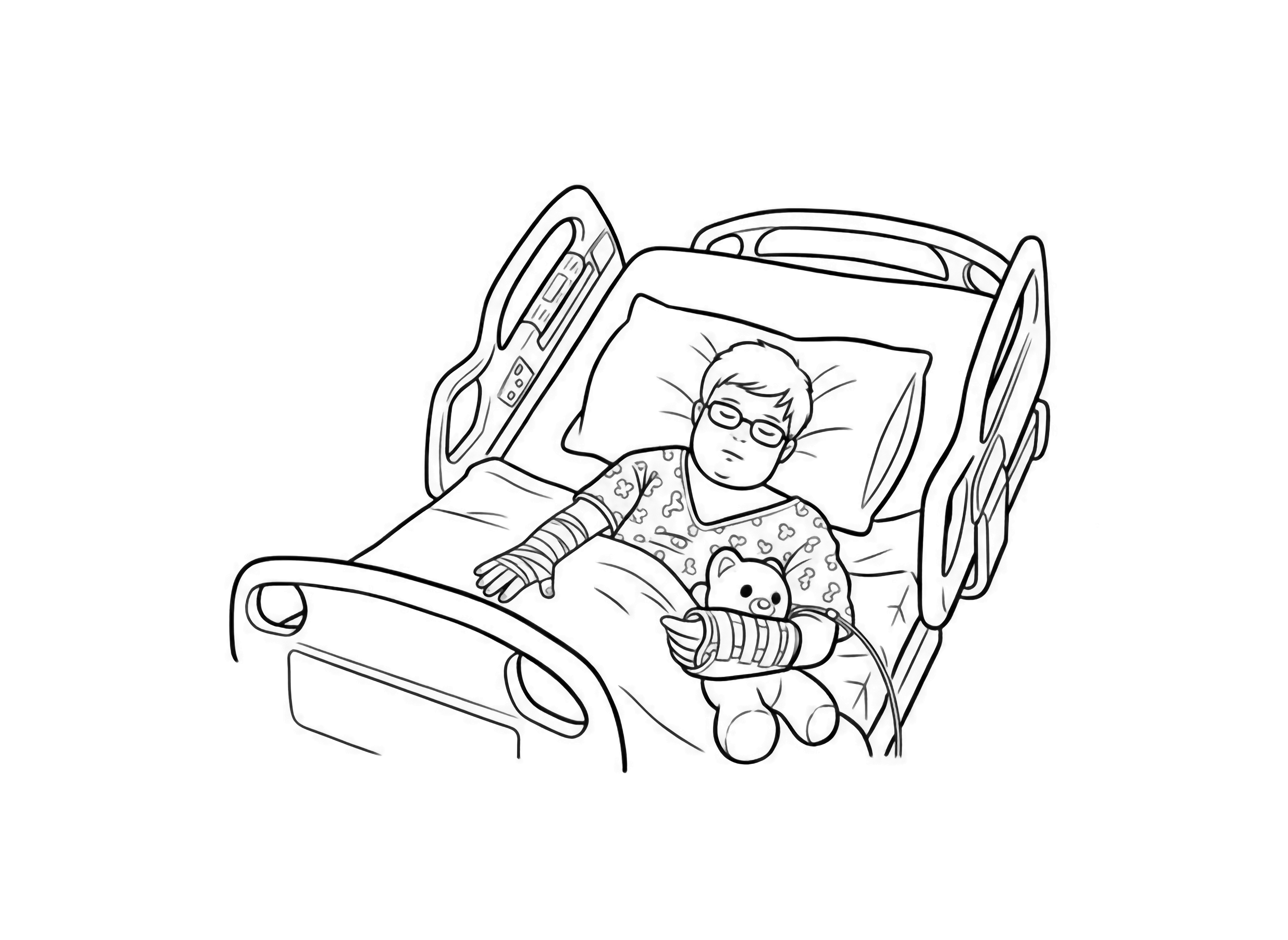 Two children in a hospital bed; one child with glasses lies while another child leans over to hug them, creating a heartwarming scene. kleurplaat