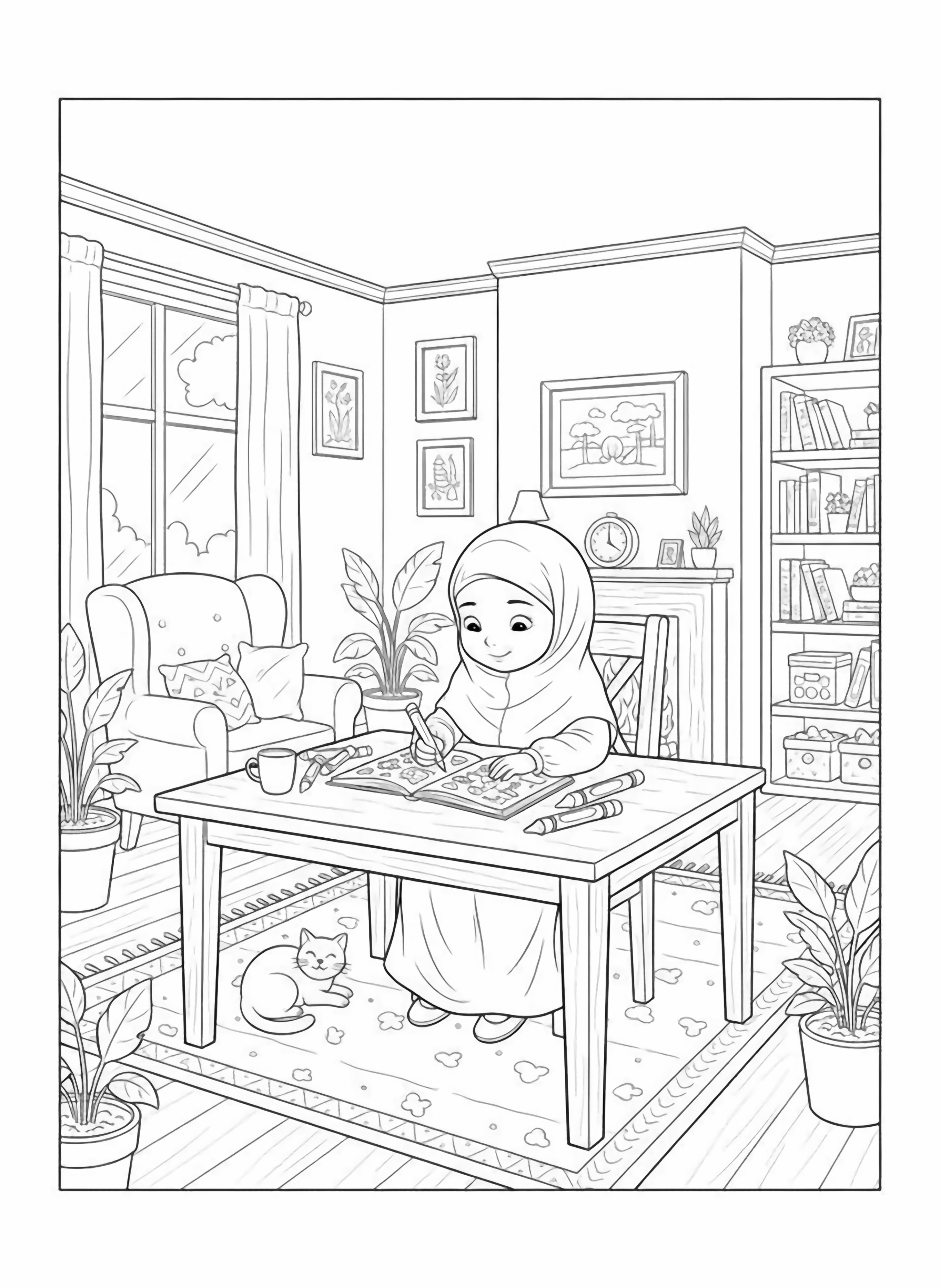 A black and white page showing a cozy cheerful living room filled with warmth and activity In the center a small Muslim girl sits happily at a wooden dining table deeply focused on her She wears a sweet soft hijab with a tiny floral pattern and a long flowing dress with gentle folds clean black and white line drawing minimal shading no colour no fill kleurplaat