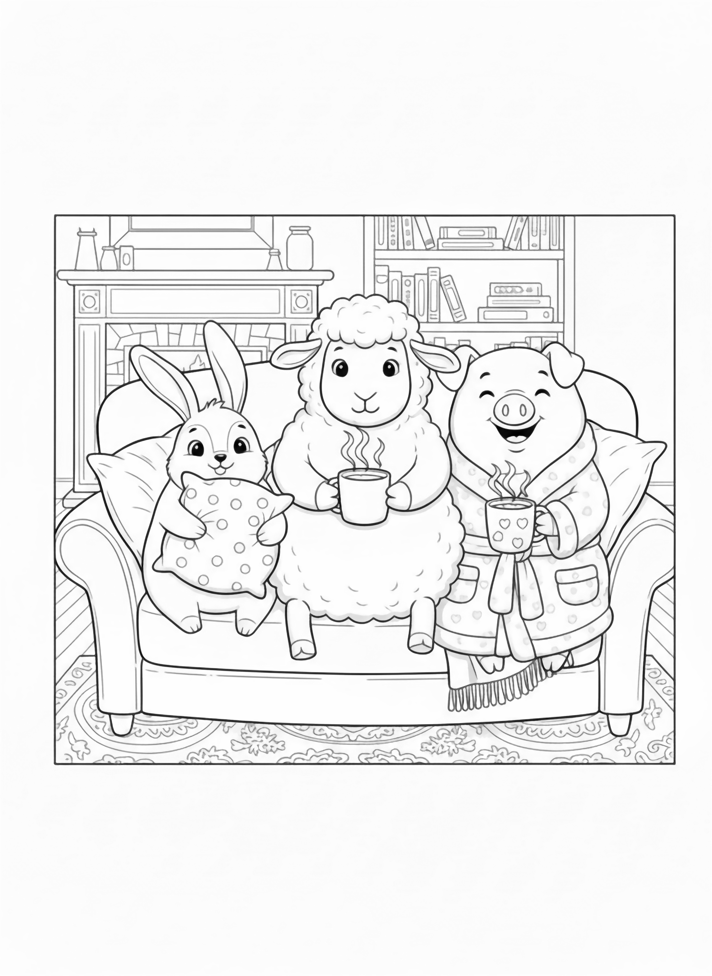 A black and white page featuring a plump sheep a smiling pig and a floppy eared rabbit snuggled together on a big cushy couch inside a cozy living room The sheep wears a knitted scarf the pig clutches a hot cocoa mug and the rabbit hugs a fluffy pillow A clean black and white line drawing minimal shading no colour no fill kleurplaat