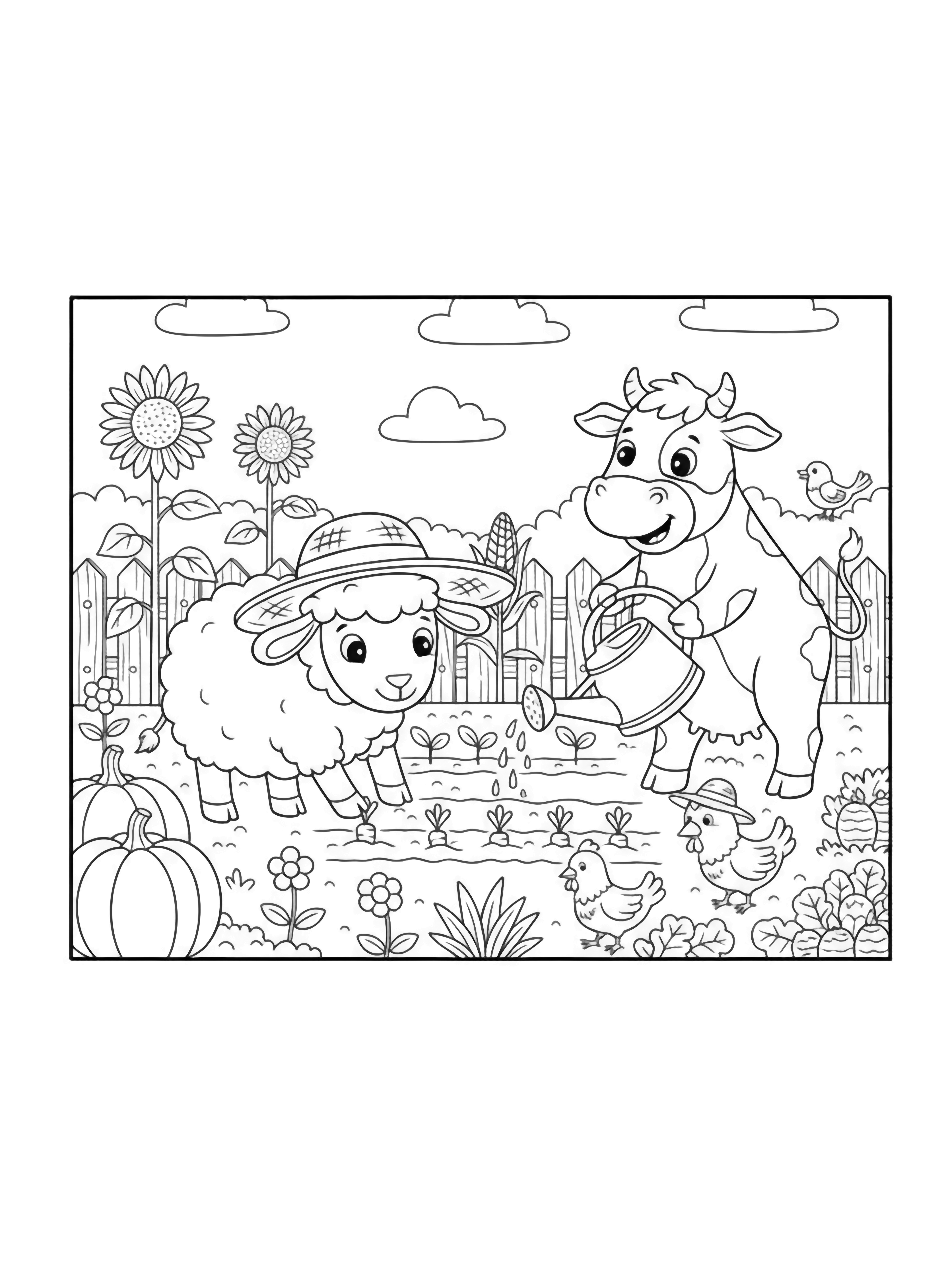 A black and white page inside a crisp square frame bursting with cheerful farm animals joyfully tending a garden A plump round sheep wearing a floppy straw hat plants tiny carrot tops with her hoof while a smiling cow with dot eyes waters seedlings from a simple chunky watering can Nearby a clean black and white line drawing minimal shading no colour no fill kleurplaat