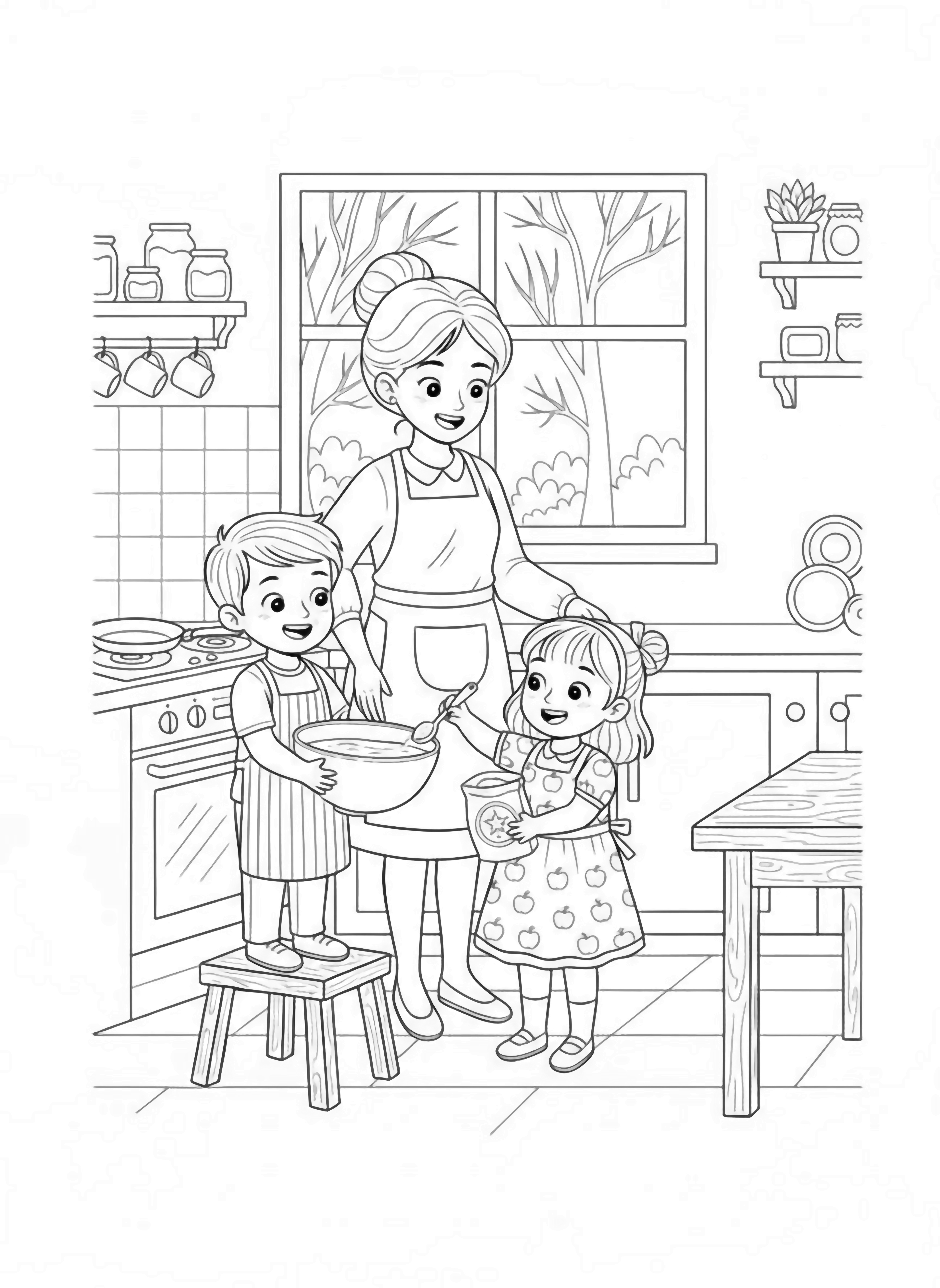 A black and white page showing two cheerful children and their smiling parents preparing pancakes together on a cozy autumn morning The little boy stands on a sturdy wooden stool carefully holding a mixing bowl while his sister excitedly adds flour with a tiny spoon Their parents work nearby mom flips a perfectly round pancake in a clean black and white line drawing minimal shading no colour no fill kleurplaat
