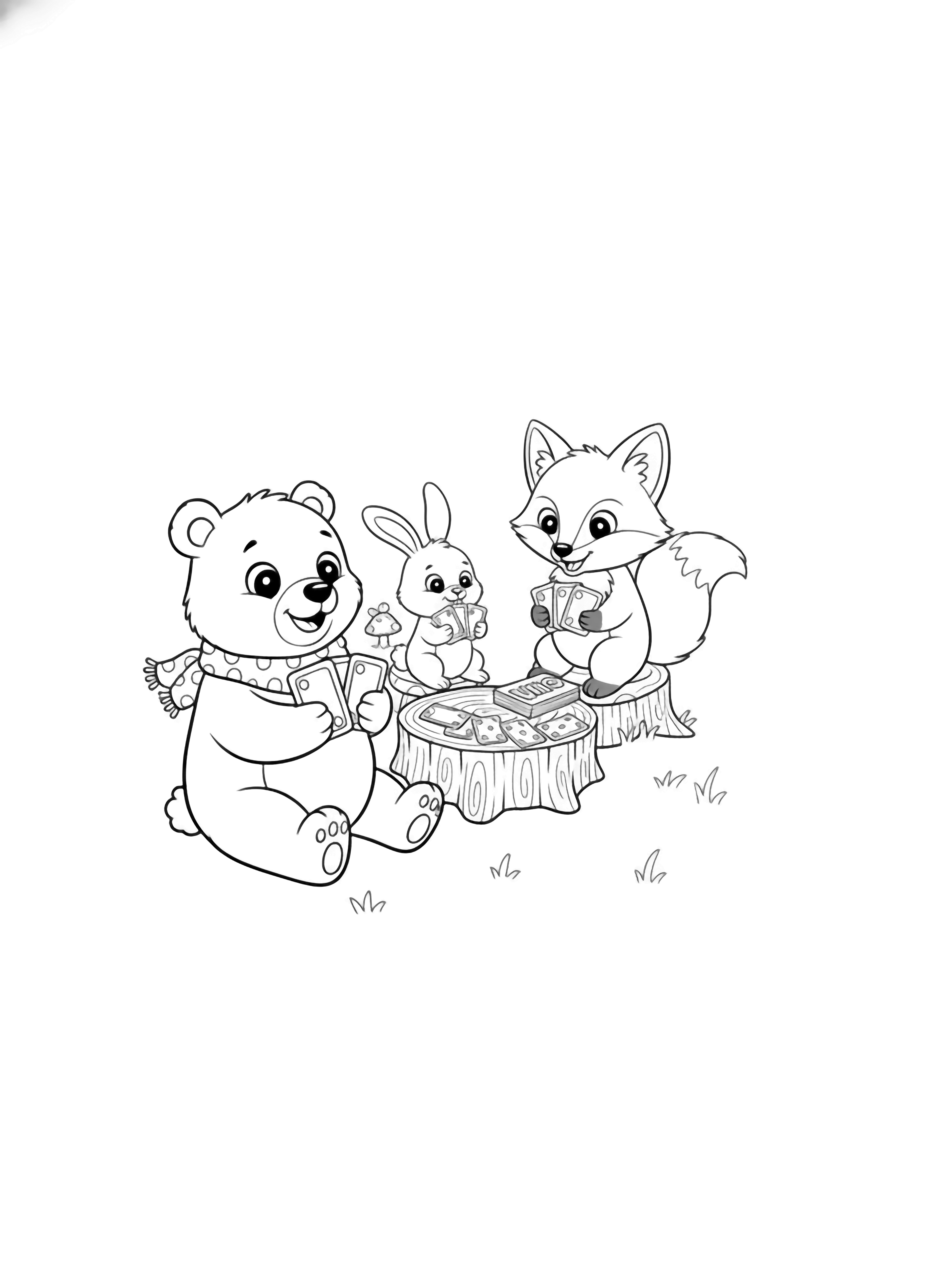 A black and white page showing a circle of happy forest friends gathered around a tiny wooden stump table for a friendly game of UNO A plump bear cub in a tiny scarf sits cross legged holding fan shaped cards with big dot eyes sparkling Beside him a floppy eared bunny with a fluffy cotton clean black and white line drawing minimal shading no colour no fill kleurplaat