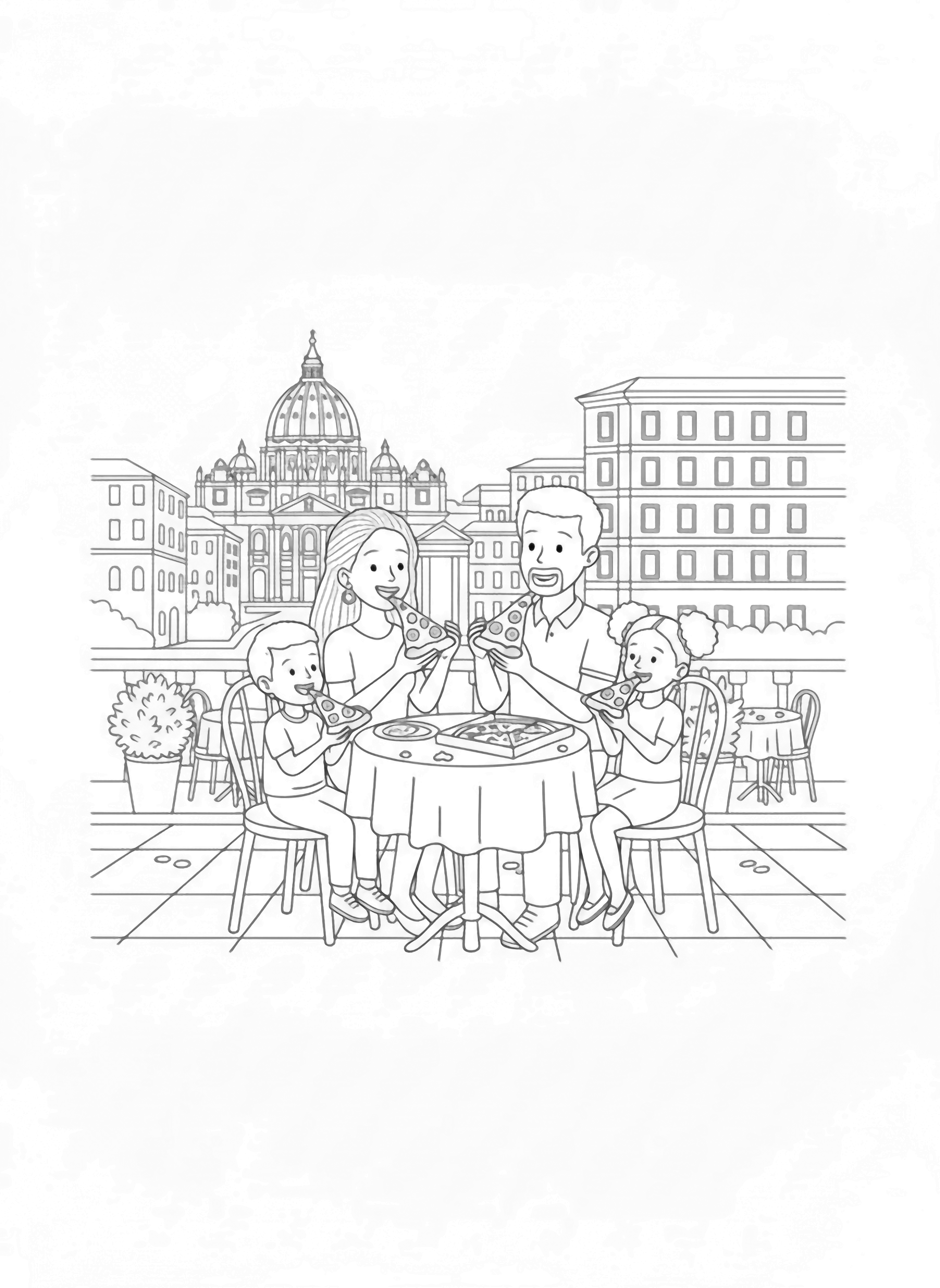 A black and white page showing a happy family sharing a slice of pizza at a charming outdoor caf in Rome The parents and two children sit around a small round table with a checkered tablecloth each holding a triangular slice of the classic Italian pizza Behind them the iconic dome of St Peter's Basil clean black and white line drawing minimal shading no colour no fill kleurplaat