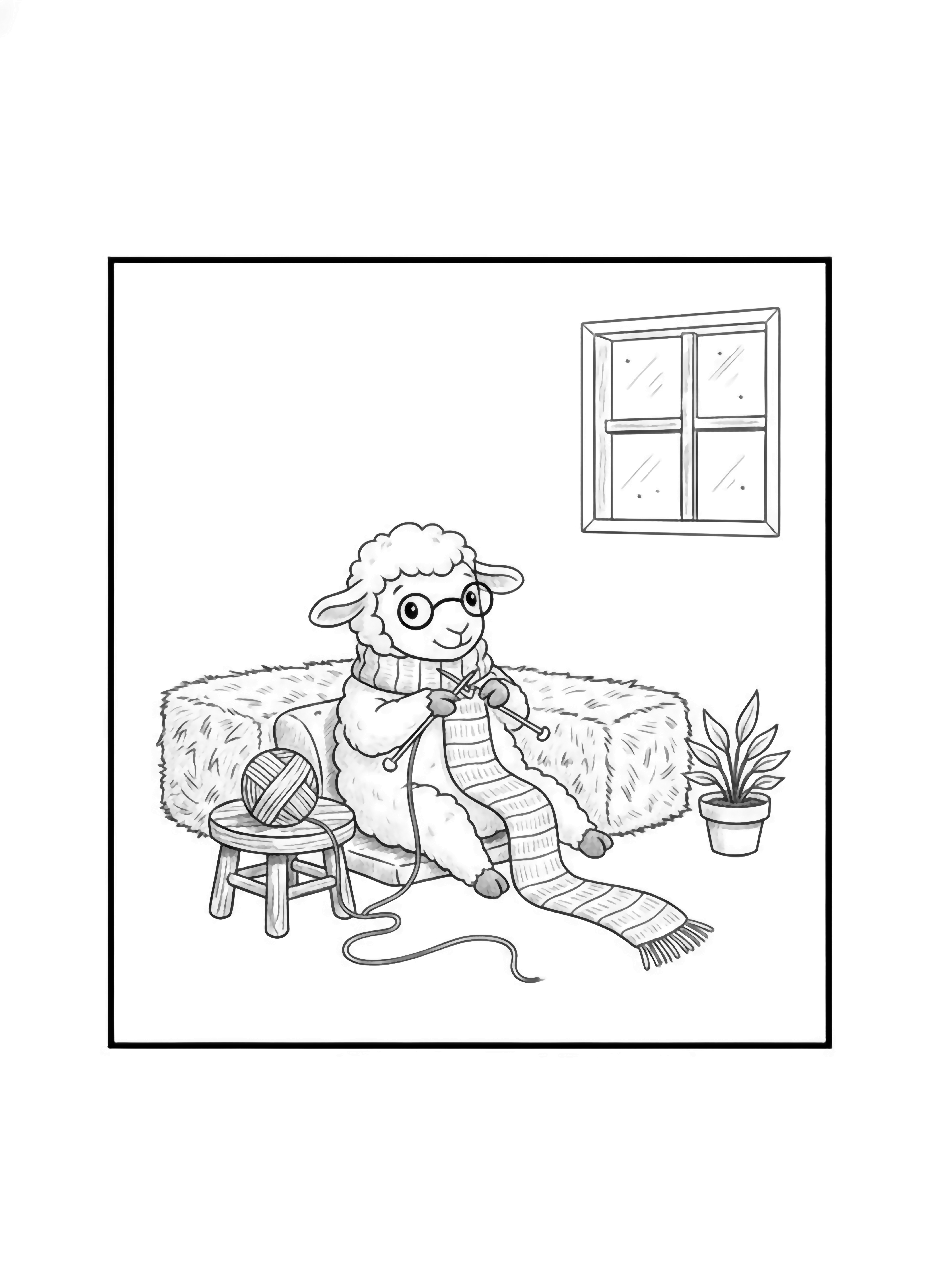 A black and white illustration of a cheerful little sheep sitting in a cozy corner of a rustic farm The sheep wears tiny round glasses perched on its nose and happily knits a long scarf with its hooves the yarn ball rolling beside a wooden stool Sunbeams stream through a nearby window casting gentle cross h clean black and white line drawing minimal shading no colour no fill kleurplaat