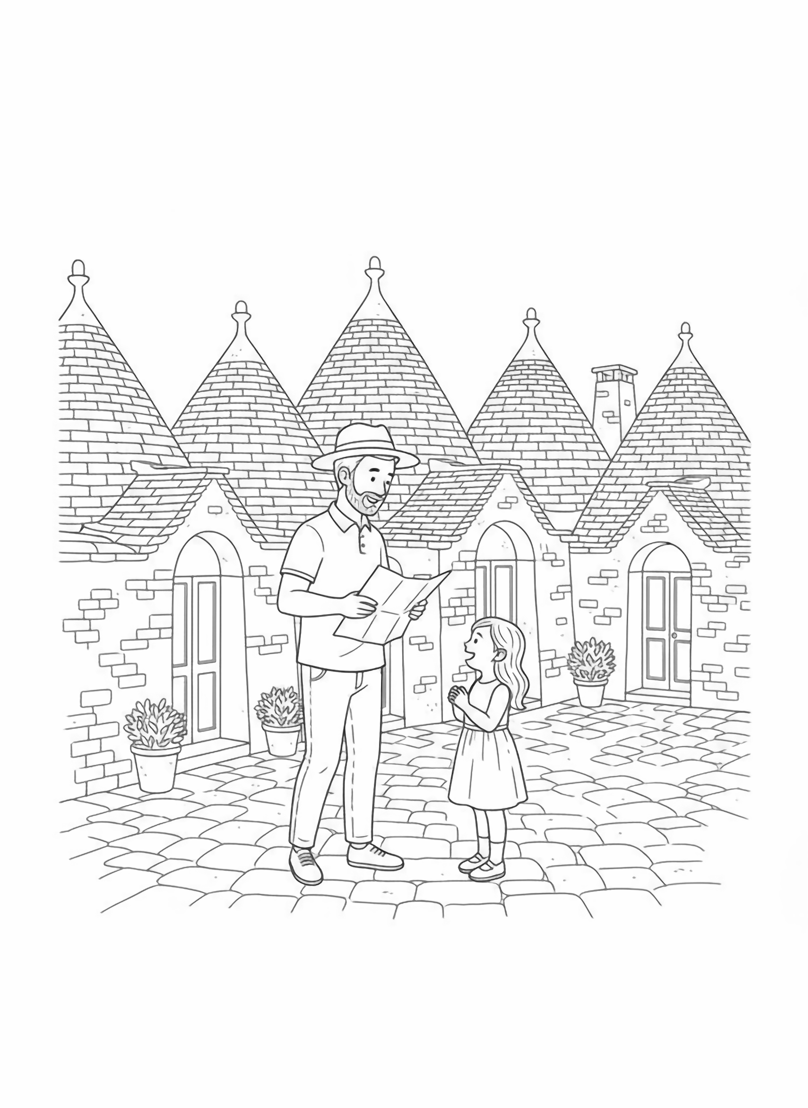 A black and white page showing a happy father and daughter on holiday in Alberobello Puglia Italy They stand hand in hand between the town's famous trulli houses round stone buildings with conical roofs The father wears a wide brimmed hat and holds a little map clean black and white line drawing minimal shading no colour no fill kleurplaat