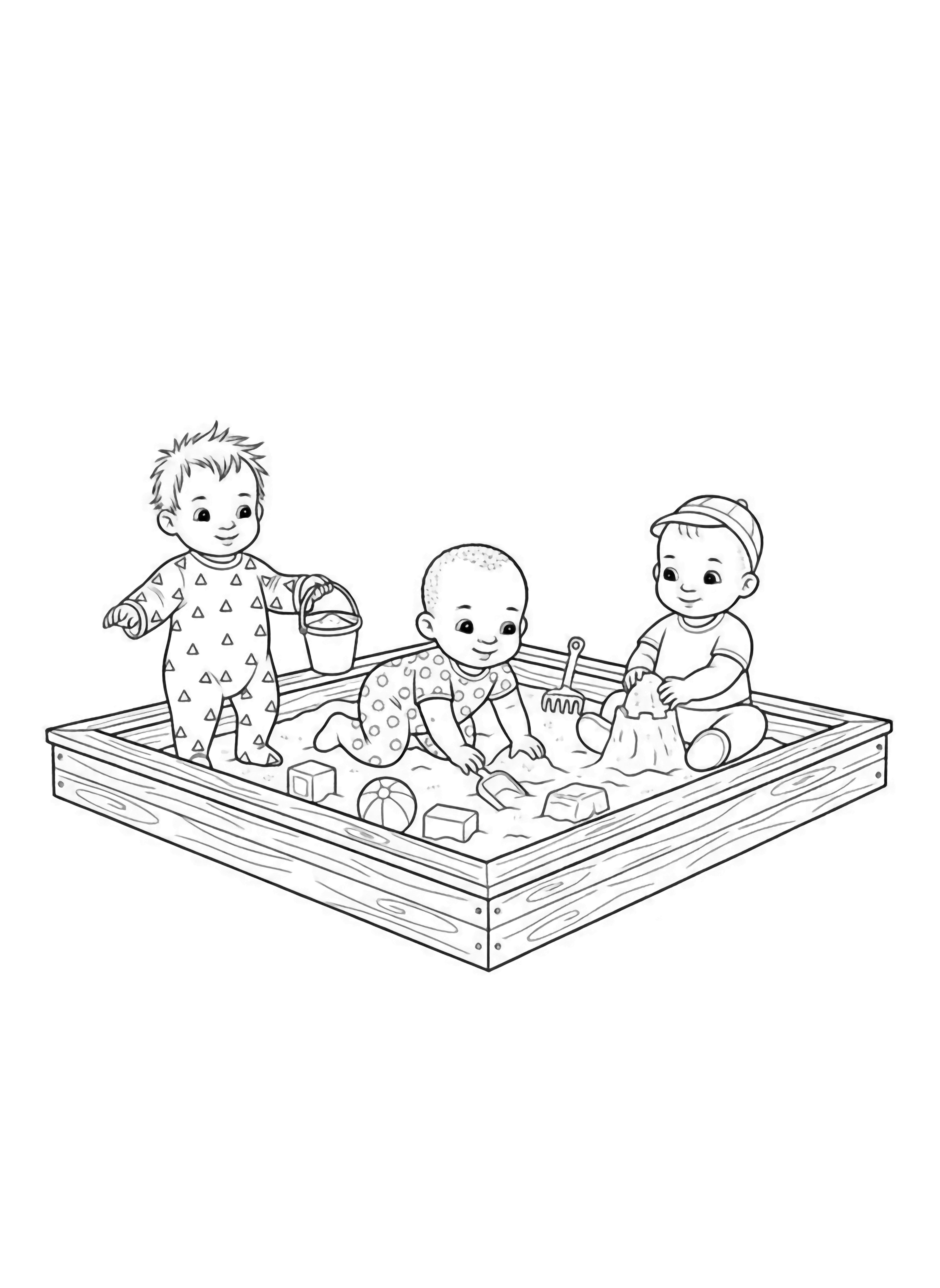 A black and white page showing three happy babies from different backgrounds playing together in a large sandbox One Chinese baby stands confidently holding a small bucket an African baby crawls excitedly toward a toy shovel and a Dutch baby sits contentedly building a sand tower The sandbox has simple wooden borders with scattered toys like clean black and white line drawing minimal shading no colour no fill kleurplaat