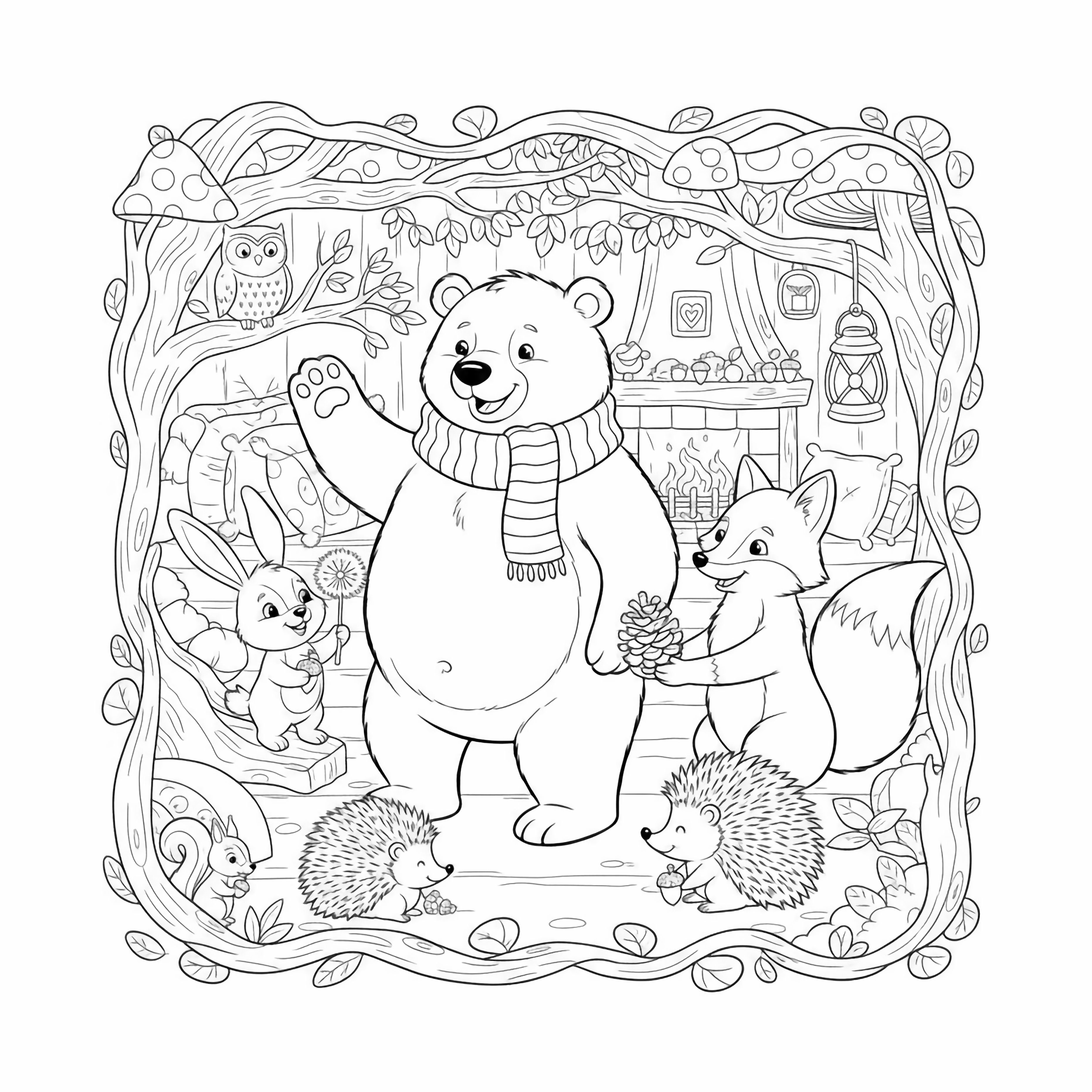 A black and white page showing a big cozy gathering of forest friends inside a neat square frame A round bellied bear wearing a tiny scarf waves hello with a paw while a smiling fox with a fluffy tail offers a pine cone gift A cheerful bunny with long soft ears holds a dandel clean black and white line drawing minimal shading no colour no fill kleurplaat