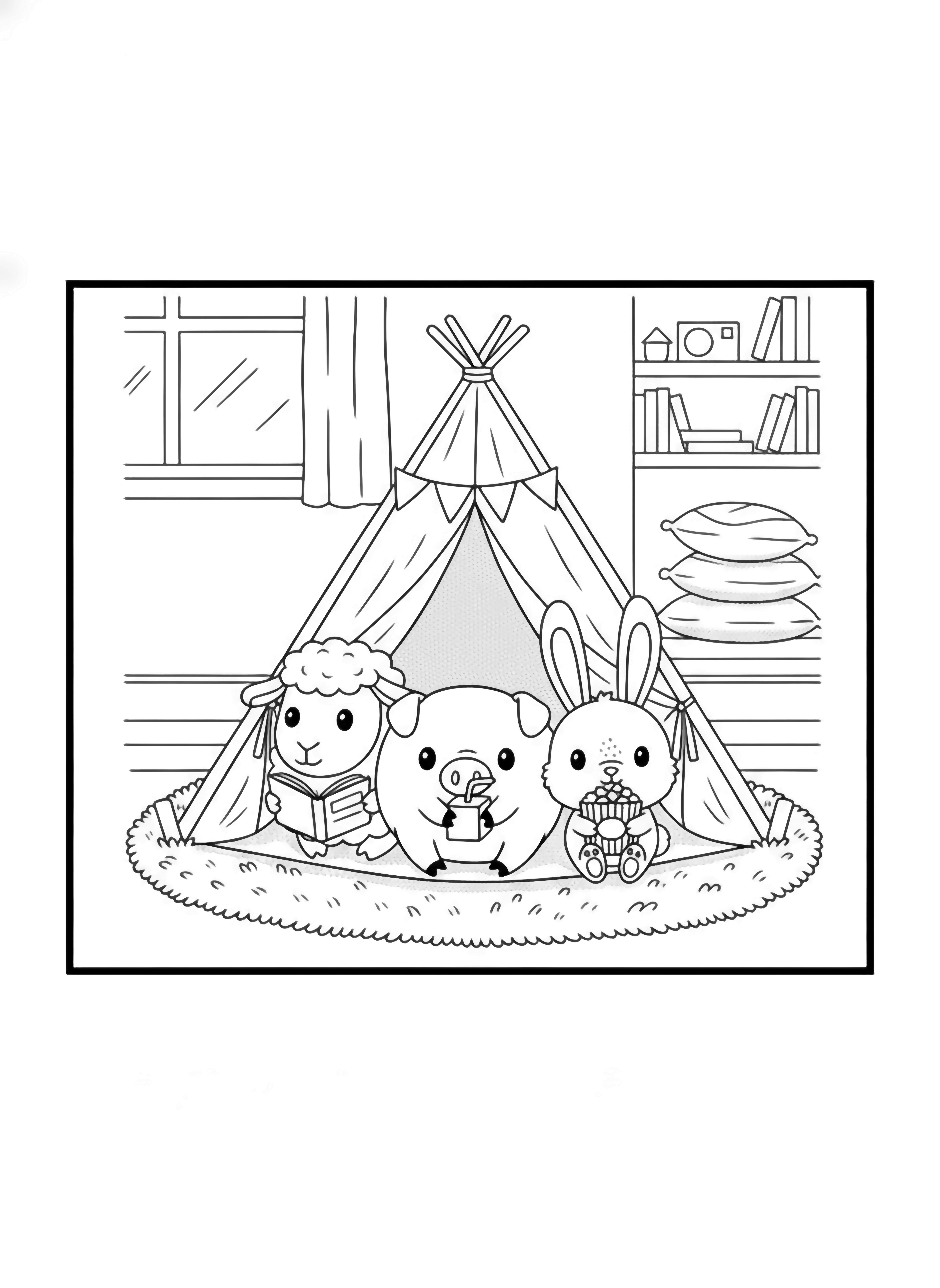 A black and white page featuring a chunky sheep a plump pig and a bouncy rabbit tucked inside a tiny fabric tent pitched right on a fluffy rug in a snug little room The tent is shaped like a simple triangle with cheerful pennant flags strung across the top Each animal has round dot eyes clean black and white line drawing minimal shading no colour no fill kleurplaat