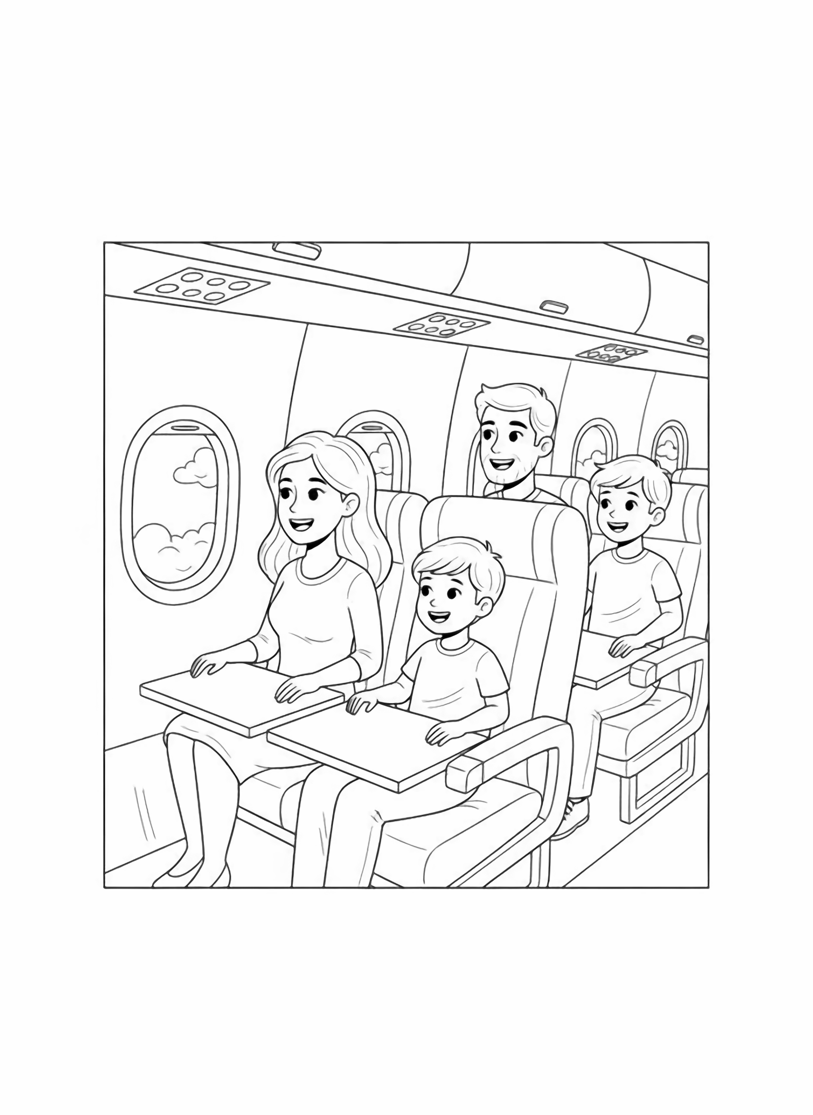 A black and white page of a happy family on an airplane adventure The parents and two children are seated comfortably in their airplane seats looking excited through the round windows at fluffy clouds below The children have activity books open on their tray tables while the parents smile warmly Overhead compartments are neatly closed and clean black and white line drawing minimal shading no colour no fill kleurplaat