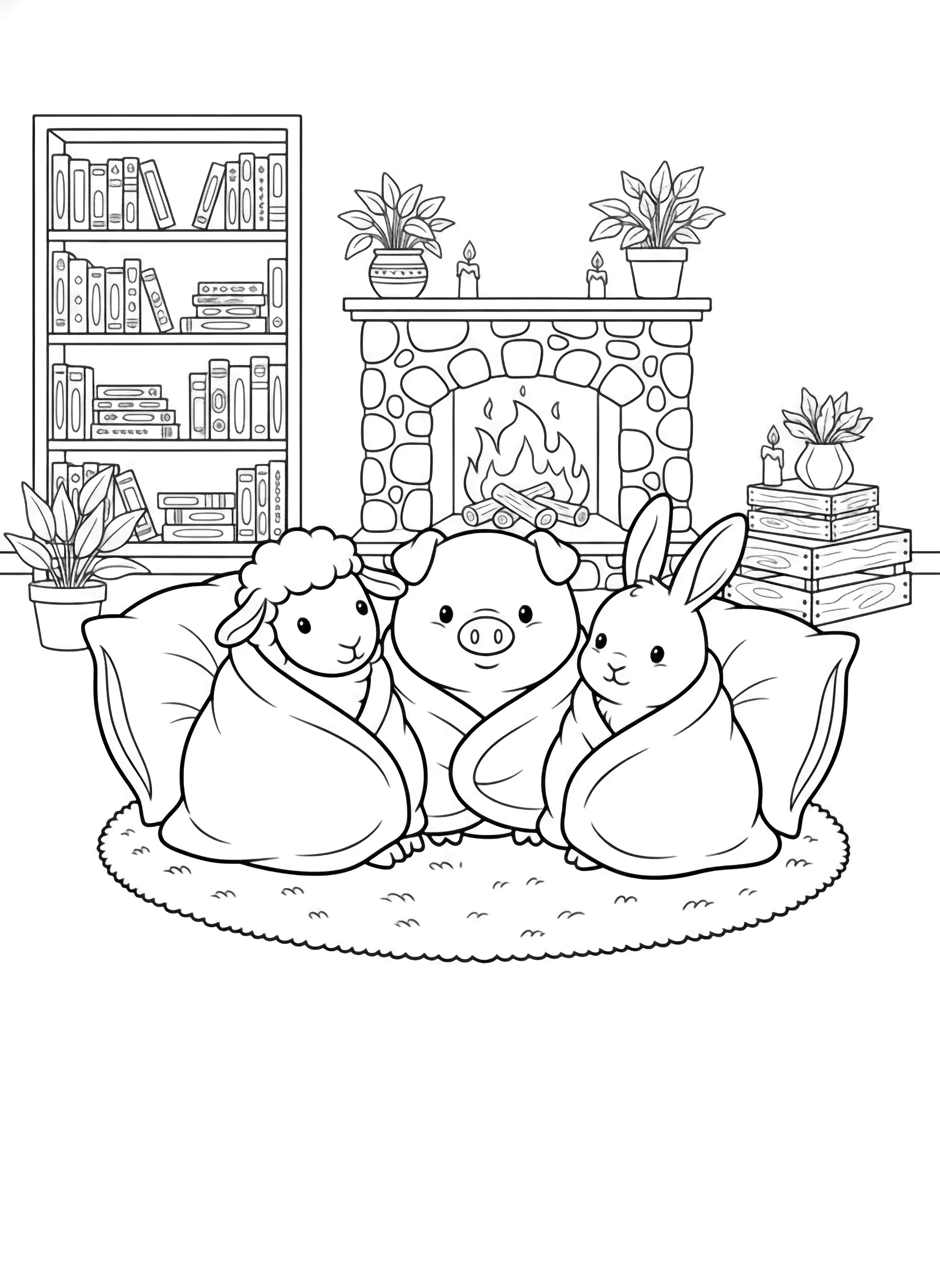A black and white page showing a plump sheep a round pig and a floppy eared rabbit nestled on a fluffy rug inside a snug little room All three friends sit in a happy circle wrapped in soft blankets and propped against oversized pillows Their faces are drawn with simple dot eyes and gentle smiles clean black and white line drawing minimal shading no colour no fill kleurplaat