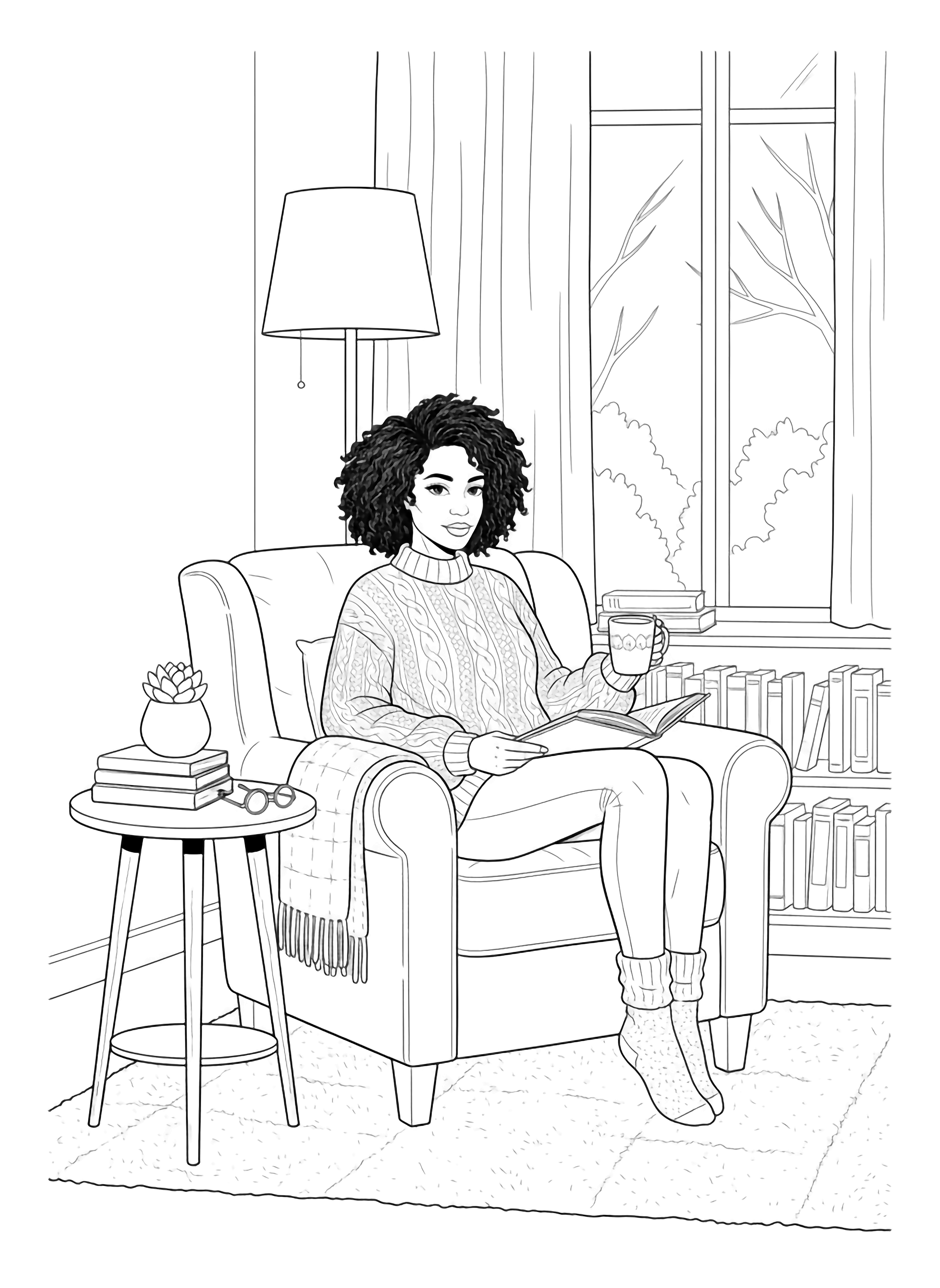 A black and white illustration of a confident woman strolling through a grand modern library She wears a cozy knitted scarf a flowing trench coat and ankle boots her hair gently tucked behind one ear Autumn leaves scatter across the polished floor blown in through the open doors Towering bookshelves stretch high above clean black and white line drawing minimal shading no colour no fill kleurplaat