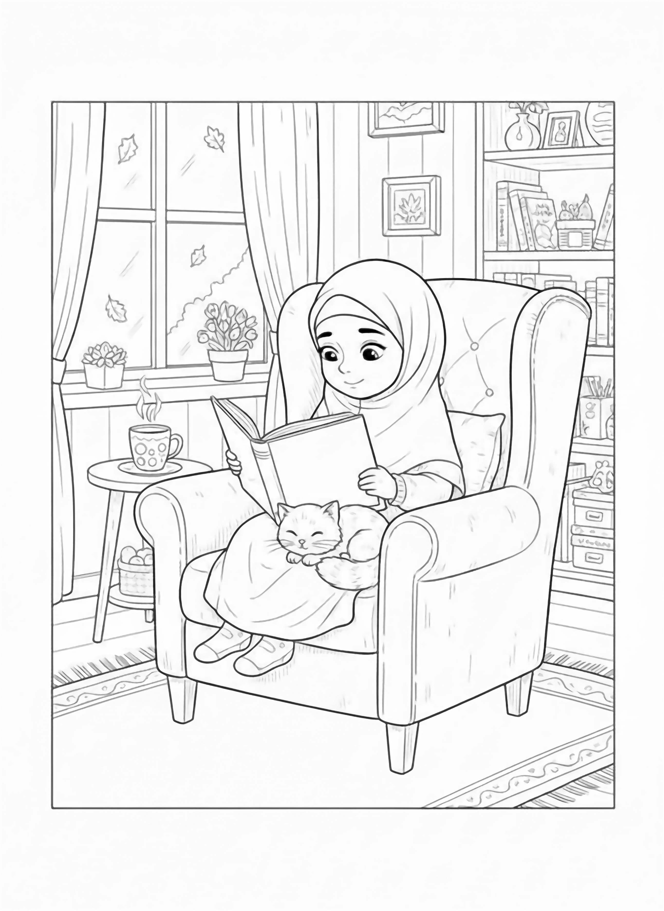 A black and white page showing a cozy autumn afternoon inside a warm room A small Muslim girl in a soft hijab decorated with tiny floral patterns sits comfortably in a big armchair deeply absorbed in reading a picture book titled "Avonturen Verhalen" On her lap a fluffy cat curls up in clean black and white line drawing minimal shading no colour no fill kleurplaat