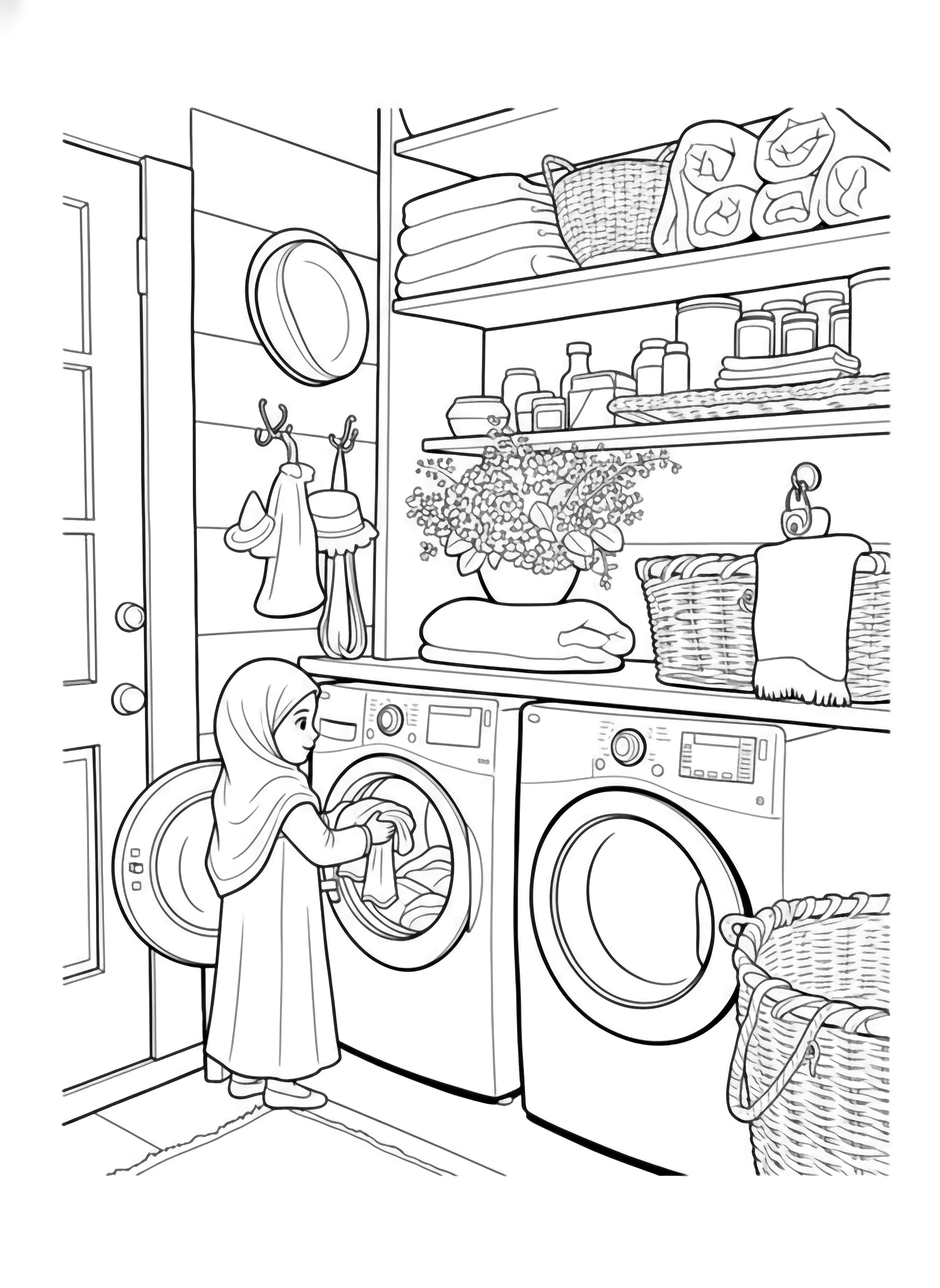 A cozy utility room features two front loading washing machines under a wooden shelf filled with neatly folded towels, woven baskets, and jars, beside a rustic wooden door. kleurplaat
